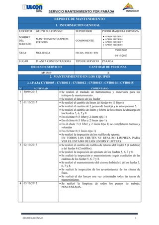 Informe mantenimiento apron feeders octubre 2017 | PDF