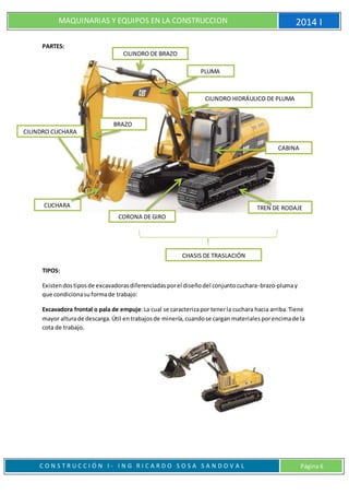 MAQUINARIAS Y EQUIPOS EN LA CONSTRUCCION 2014 I
C O N S T R U C C I Ó N I - I N G R I C A R D O S O S A S A N D O V A L Página 6
PARTES:
TIPOS:
Existendostiposde excavadorasdiferenciadasporel diseñodel conjuntocuchara-brazo-plumay
que condicionasuformade trabajo:
Excavadora frontal o pala de empuje:La cual se caracterizapor tenerla cuchara hacia arriba.Tiene
mayor alturade descarga.Útil entrabajosde minería,cuandose cargan materialesporencimade la
cota de trabajo.
CORONA DE GIRO
BRAZO
CILINDRO DE BRAZO
CILINDRO HIDRÁULICO DE PLUMA
PLUMA
CABINA
TREN DE RODAJECUCHARA
CILINDRO CUCHARA
CHASIS DE TRASLACIÓN
 