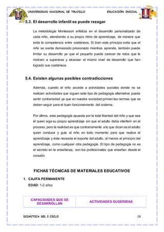 UNIVERSIDAD NACIONAL DE TRUJILLO EDUCACIÓN INICIAL
DIDÁCTICA DEL I CICLO 13
5.3. El desarrollo infantil se puede rezagar
La metodología Montessori enfatiza en el desarrollo personalizado de
cada niño, atendiendo a su propio ritmo de aprendizaje, de manera que
evita la competencia entre coetáneos. Si bien este principio evita que el
niño se sienta demasiado presionado mientras aprende, también puede
limitar su desarrollo ya que el pequeño puede carecer de retos que le
motiven a superarse y alcanzar el mismo nivel de desarrollo que han
logrado sus coetáneos.
5.4. Existen algunas posibles contradicciones
Además, cuando el niño accede a actividades sociales donde no se
realizan actividades que siguen este tipo de pedagogía alternativa puede
sentir contrariedad ya que en nuestra sociedad priman las normas que se
deben seguir para el buen funcionamiento del sistema.
Por último, esta pedagogía apuesta por la total libertad del niño y que sea
él quien siga su propio aprendizaje sin que el adulto deba interferir en el
proceso, pero la realidad es que contrariamente a lo que dicen es el adulto
quien conduce y guía al niño en todo momento para que realice el
aprendizaje y éste necesita el soporte del adulto, al menos al principio del
aprendizaje, como cualquier otra pedagogía. El tipo de pedagogía no es
el secreto en la enseñanza, son los profesionales que enseñan desde el
corazón.
FICHAS TÉCNICAS DE MATERIALES EDUCATIVOS
1. CAJITA PERMANENTE
EDAD: 1-2 años
CAPACIDADES QUE SE
DESARROLLAN
ACTIVIDADES SUGERIDAS
 