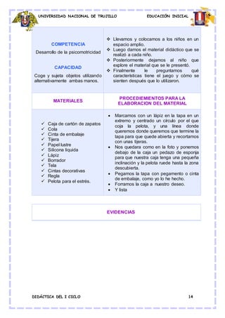 UNIVERSIDAD NACIONAL DE TRUJILLO EDUCACIÓN INICIAL
DIDÁCTICA DEL I CICLO 14
COMPETENCIA
Desarrollo de la psicomotricidad
CAPACIDAD
Coge y sujeta objetos utilizando
alternativamente ambas manos.
 Llevamos y colocamos a los niños en un
espacio amplio.
 Luego damos el material didáctico que se
realizó a cada niño.
 Posteriormente dejamos al niño que
explore el material que se le presentó.
 Finalmente le preguntamos qué
características tiene el juego y cómo se
sienten después que lo utilizaron.
MATERIALES
PROCEDIEMIENTOS PARA LA
ELABORACION DEL MATERIAL
 Caja de cartón de zapatos
 Cola
 Cinta de embalaje
 Tijera
 Papel lustre
 Silicona liquida
 Lápiz
 Borrador
 Tela
 Cintas decorativas
 Regla
 Pelota para el estrés.
 Marcamos con un lápiz en la tapa en un
extremo y centrado un círculo por el que
coja la pelota, y una línea donde
queremos donde queremos que termine la
tapa para que quede abierta y recortamos
con unas tijeras.
 Nos quedara como en la foto y ponemos
debajo de la caja un pedazo de esponja
para que nuestra caja tenga una pequeña
inclinación y la pelota ruede hasta la zona
descubierta.
 Pegamos la tapa con pegamento o cinta
de embalaje, como yo lo he hecho.
 Forramos la caja a nuestro deseo.
 Y lista
EVIDENCIAS
 