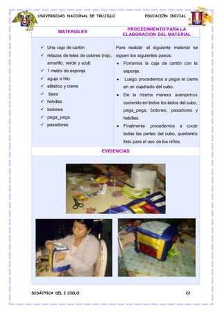 UNIVERSIDAD NACIONAL DE TRUJILLO EDUCACIÓN INICIAL
DIDÁCTICA DEL I CICLO 22
MATERIALES
PROCEDIMIENTO PARA LA
ELABORACION DEL MATERIAL
 Una caja de cartón
 retazos de telas de colores (rojo,
amarillo, verde y azul)
 1 metro de esponja
 aguja e hilo
 elástico y cierre
 tijera
 hebillas
 botones
 pega_pega
 pasadores
Para realizar el siguiente material se
siguen los siguientes pasos:
 Forramos la caja de cartón con la
esponja.
 Luego procedemos a pegar el cierre
en un cuadrado del cubo.
 De la misma manera avanzamos
cociendo en todos los lados del cubo,
pega_pega, botones, pasadores y
hebillas.
 Finalmente procedemos a cocer
todas las partes del cubo, quedando
listo para el uso de los niños.
EVIDENCIAS
 