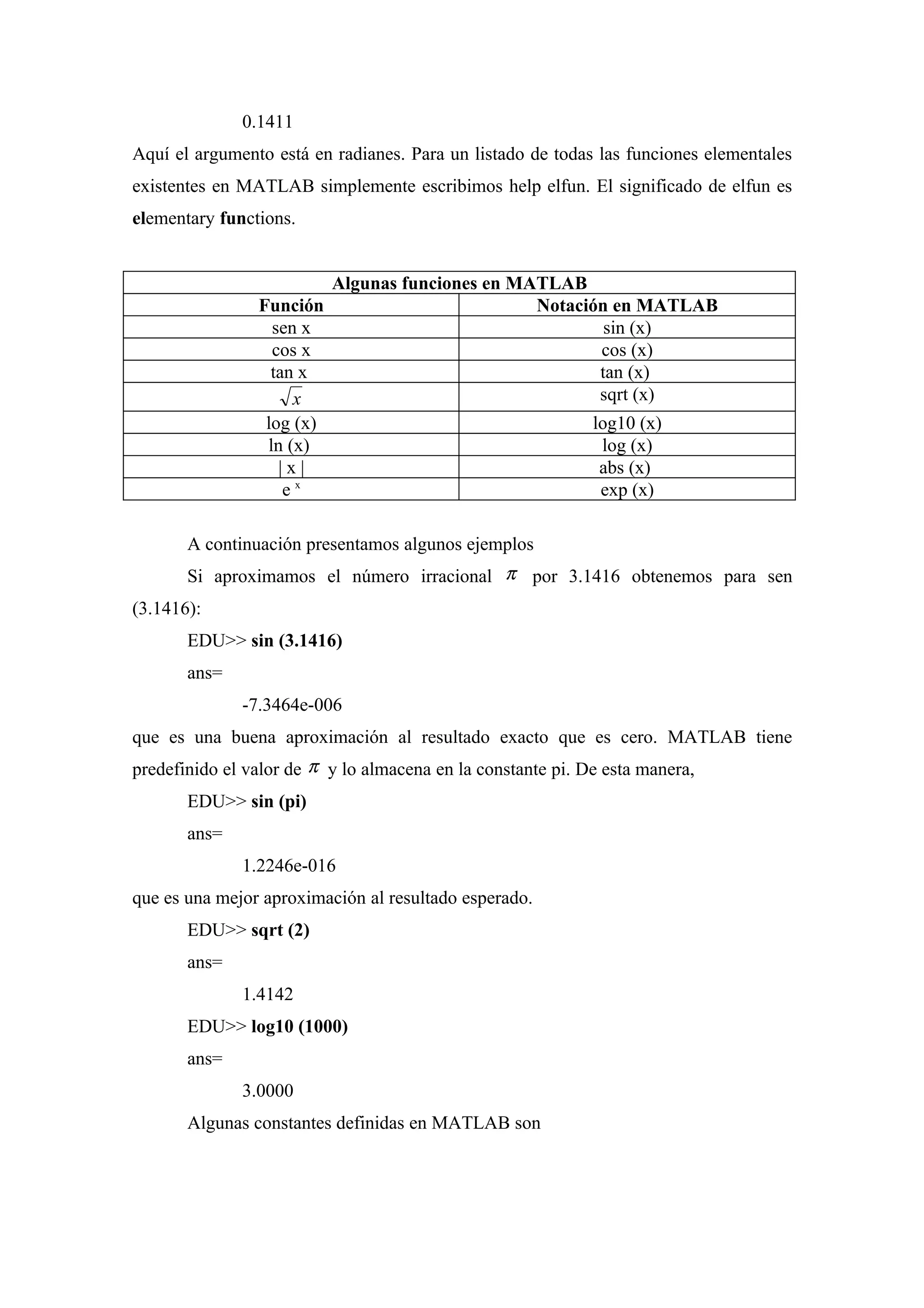 0.1411
Aquí el argumento está en radianes. Para un listado de todas las funciones elementales
existentes en MATLAB simplemente escribimos help elfun. El significado de elfun es
elementary functions.


                         Algunas funciones en MATLAB
                Función                         Notación en MATLAB
                  sen x                                 sin (x)
                  cos x                                cos (x)
                  tan x                                tan (x)
                     x                                 sqrt (x)
                 log (x)                              log10 (x)
                 ln (x)                                log (x)
                   |x|                                 abs (x)
                    ex                                 exp (x)

       A continuación presentamos algunos ejemplos
       Si aproximamos el número irracional π por 3.1416 obtenemos para sen
(3.1416):
       EDU>> sin (3.1416)
       ans=
              -7.3464e-006
que es una buena aproximación al resultado exacto que es cero. MATLAB tiene
predefinido el valor de π y lo almacena en la constante pi. De esta manera,
       EDU>> sin (pi)
       ans=
              1.2246e-016
que es una mejor aproximación al resultado esperado.
       EDU>> sqrt (2)
       ans=
              1.4142
       EDU>> log10 (1000)
       ans=
              3.0000
       Algunas constantes definidas en MATLAB son
 