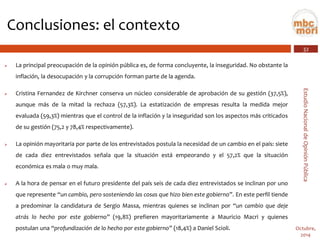 32 
Estudio Nacional de Opinión Pública 
Octubre, 
2014 
Conclusiones: el contexto 
Laprincipalpreocupacióndelaopiniónpúblicaes,deformaconcluyente,lainseguridad.Noobstantelainflación,ladesocupaciónylacorrupciónformanpartedelaagenda. 
CristinaFernandezdeKirchnerconservaunnúcleoconsiderabledeaprobacióndesugestión(37,5%), aunquemásdelamitadlarechaza(57,3%).Laestatizacióndeempresasresultalamedidamejorevaluada(59,3%)mientrasqueelcontroldelainflaciónylainseguridadsonlosaspectosmáscriticadosdesugestión(75,2y78,4%respectivamente). 
Laopiniónmayoritariaporpartedelosentrevistadospostulalanecesidaddeuncambioenelpaís:sietedecadadiezentrevistadosseñalaquelasituaciónestáempeorandoyel57,2%quelasituacióneconómicaesmalaomuymala. 
Alahoradepensarenelfuturopresidentedelpaísseisdecadadiezentrevistadosseinclinanporunoquerepresente“uncambio,perososteniendolascosasquehizobienestegobierno”.EnesteperfiltiendeapredominarlacandidaturadeSergioMassa,mientrasquienesseinclinanpor“uncambioquedejeatráslohechoporestegobierno”(19,8%)prefierenmayoritariamenteaMauricioMacriyquienespostulanuna“profundizacióndelohechoporestegobierno”(18,4%)aDanielScioli.  