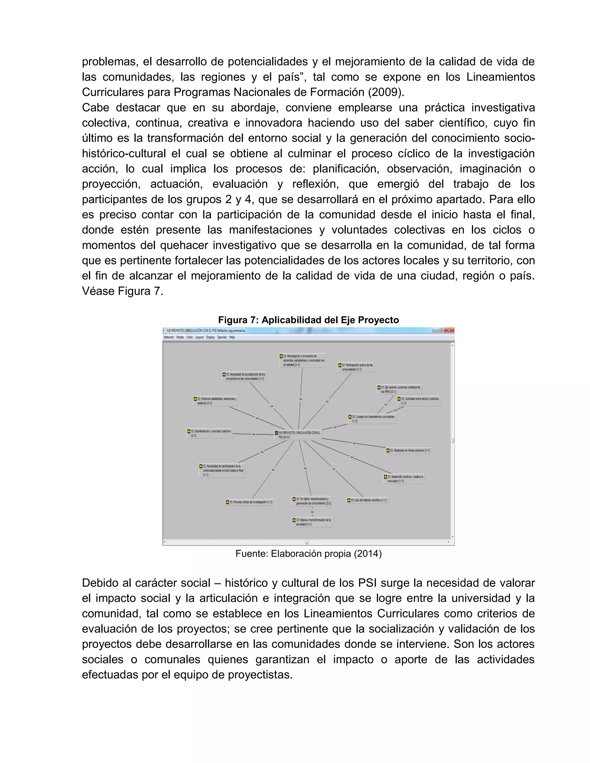 problemas, el desarrollo de potencialidades y el mejoramiento de la calidad de vida de
las comunidades, las regiones y el país”, tal como se expone en los Lineamientos
Curriculares para Programas Nacionales de Formación (2009).
Cabe destacar que en su abordaje, conviene emplearse una práctica investigativa
colectiva, continua, creativa e innovadora haciendo uso del saber científico, cuyo fin
último es la transformación del entorno social y la generación del conocimiento socio-
histórico-cultural el cual se obtiene al culminar el proceso cíclico de la investigación
acción, lo cual implica los procesos de: planificación, observación, imaginación o
proyección, actuación, evaluación y reflexión, que emergió del trabajo de los
participantes de los grupos 2 y 4, que se desarrollará en el próximo apartado. Para ello
es preciso contar con la participación de la comunidad desde el inicio hasta el final,
donde estén presente las manifestaciones y voluntades colectivas en los ciclos o
momentos del quehacer investigativo que se desarrolla en la comunidad, de tal forma
que es pertinente fortalecer las potencialidades de los actores locales y su territorio, con
el fin de alcanzar el mejoramiento de la calidad de vida de una ciudad, región o país.
Véase Figura 7.
Figura 7: Aplicabilidad del Eje Proyecto
Fuente: Elaboración propia (2014)
Debido al carácter social – histórico y cultural de los PSI surge la necesidad de valorar
el impacto social y la articulación e integración que se logre entre la universidad y la
comunidad, tal como se establece en los Lineamientos Curriculares como criterios de
evaluación de los proyectos; se cree pertinente que la socialización y validación de los
proyectos debe desarrollarse en las comunidades donde se interviene. Son los actores
sociales o comunales quienes garantizan el impacto o aporte de las actividades
efectuadas por el equipo de proyectistas.
 
