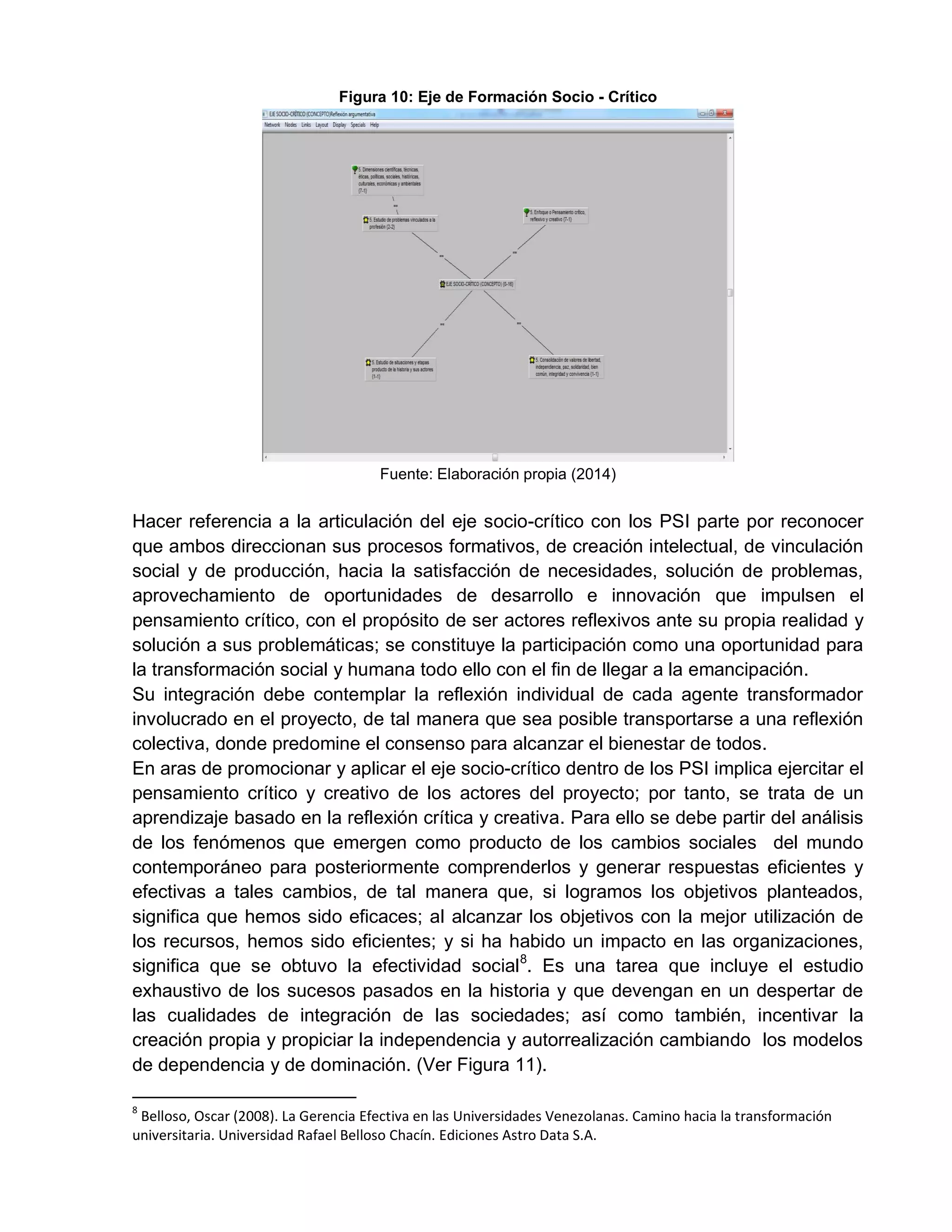 Figura 10: Eje de Formación Socio - Crítico
Fuente: Elaboración propia (2014)
Hacer referencia a la articulación del eje socio-crítico con los PSI parte por reconocer
que ambos direccionan sus procesos formativos, de creación intelectual, de vinculación
social y de producción, hacia la satisfacción de necesidades, solución de problemas,
aprovechamiento de oportunidades de desarrollo e innovación que impulsen el
pensamiento crítico, con el propósito de ser actores reflexivos ante su propia realidad y
solución a sus problemáticas; se constituye la participación como una oportunidad para
la transformación social y humana todo ello con el fin de llegar a la emancipación.
Su integración debe contemplar la reflexión individual de cada agente transformador
involucrado en el proyecto, de tal manera que sea posible transportarse a una reflexión
colectiva, donde predomine el consenso para alcanzar el bienestar de todos.
En aras de promocionar y aplicar el eje socio-crítico dentro de los PSI implica ejercitar el
pensamiento crítico y creativo de los actores del proyecto; por tanto, se trata de un
aprendizaje basado en la reflexión crítica y creativa. Para ello se debe partir del análisis
de los fenómenos que emergen como producto de los cambios sociales del mundo
contemporáneo para posteriormente comprenderlos y generar respuestas eficientes y
efectivas a tales cambios, de tal manera que, si logramos los objetivos planteados,
significa que hemos sido eficaces; al alcanzar los objetivos con la mejor utilización de
los recursos, hemos sido eficientes; y si ha habido un impacto en las organizaciones,
significa que se obtuvo la efectividad social8
. Es una tarea que incluye el estudio
exhaustivo de los sucesos pasados en la historia y que devengan en un despertar de
las cualidades de integración de las sociedades; así como también, incentivar la
creación propia y propiciar la independencia y autorrealización cambiando los modelos
de dependencia y de dominación. (Ver Figura 11).
8
Belloso, Oscar (2008). La Gerencia Efectiva en las Universidades Venezolanas. Camino hacia la transformación
universitaria. Universidad Rafael Belloso Chacín. Ediciones Astro Data S.A.
 