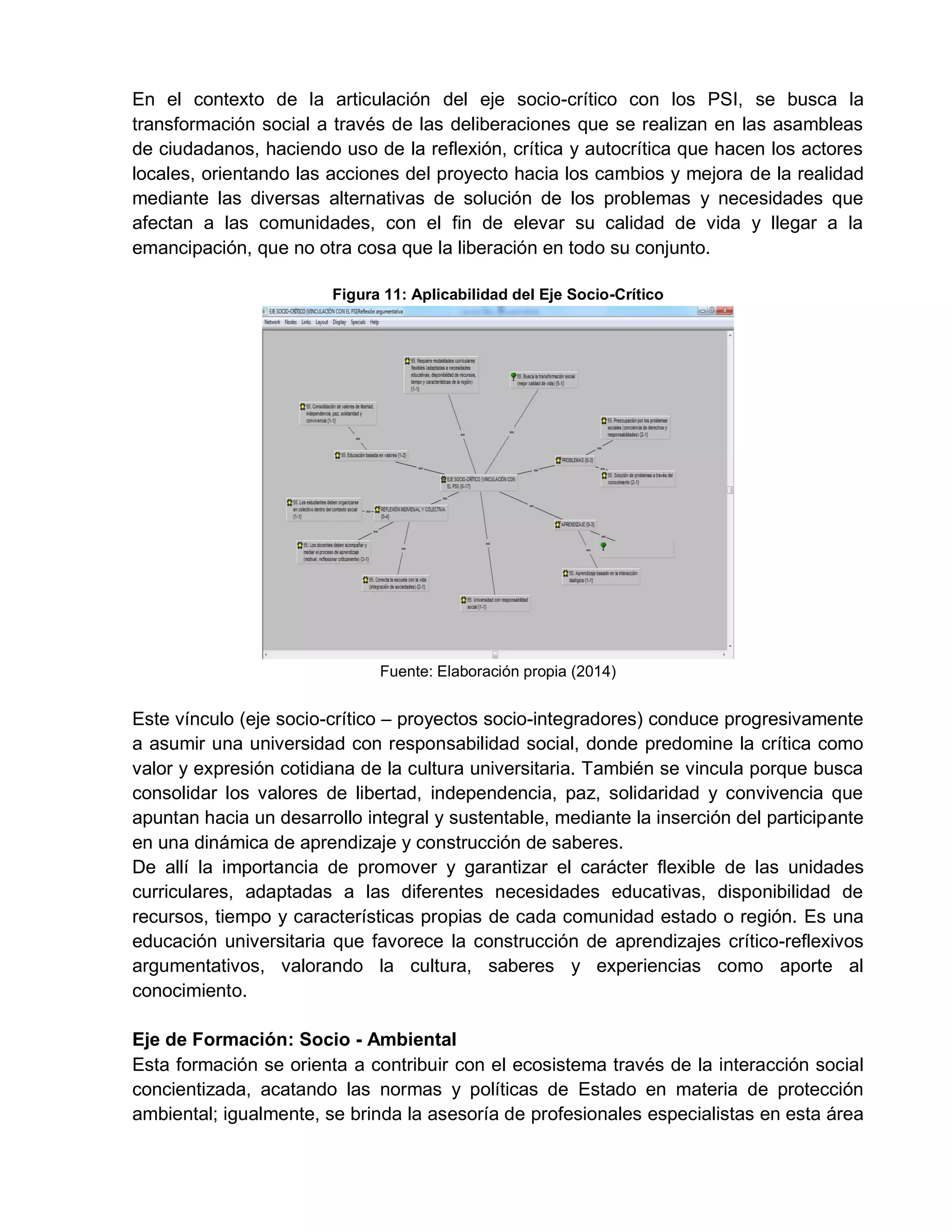En el contexto de la articulación del eje socio-crítico con los PSI, se busca la
transformación social a través de las deliberaciones que se realizan en las asambleas
de ciudadanos, haciendo uso de la reflexión, crítica y autocrítica que hacen los actores
locales, orientando las acciones del proyecto hacia los cambios y mejora de la realidad
mediante las diversas alternativas de solución de los problemas y necesidades que
afectan a las comunidades, con el fin de elevar su calidad de vida y llegar a la
emancipación, que no otra cosa que la liberación en todo su conjunto.
Figura 11: Aplicabilidad del Eje Socio-Crítico
Fuente: Elaboración propia (2014)
Este vínculo (eje socio-crítico – proyectos socio-integradores) conduce progresivamente
a asumir una universidad con responsabilidad social, donde predomine la crítica como
valor y expresión cotidiana de la cultura universitaria. También se vincula porque busca
consolidar los valores de libertad, independencia, paz, solidaridad y convivencia que
apuntan hacia un desarrollo integral y sustentable, mediante la inserción del participante
en una dinámica de aprendizaje y construcción de saberes.
De allí la importancia de promover y garantizar el carácter flexible de las unidades
curriculares, adaptadas a las diferentes necesidades educativas, disponibilidad de
recursos, tiempo y características propias de cada comunidad estado o región. Es una
educación universitaria que favorece la construcción de aprendizajes crítico-reflexivos
argumentativos, valorando la cultura, saberes y experiencias como aporte al
conocimiento.
Eje de Formación: Socio - Ambiental
Esta formación se orienta a contribuir con el ecosistema través de la interacción social
concientizada, acatando las normas y políticas de Estado en materia de protección
ambiental; igualmente, se brinda la asesoría de profesionales especialistas en esta área
 