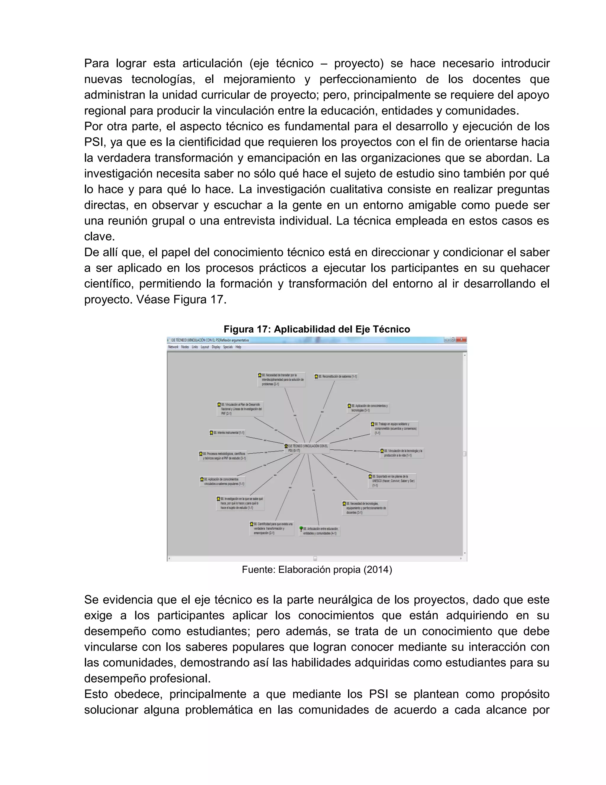 Para lograr esta articulación (eje técnico – proyecto) se hace necesario introducir
nuevas tecnologías, el mejoramiento y perfeccionamiento de los docentes que
administran la unidad curricular de proyecto; pero, principalmente se requiere del apoyo
regional para producir la vinculación entre la educación, entidades y comunidades.
Por otra parte, el aspecto técnico es fundamental para el desarrollo y ejecución de los
PSI, ya que es la cientificidad que requieren los proyectos con el fin de orientarse hacia
la verdadera transformación y emancipación en las organizaciones que se abordan. La
investigación necesita saber no sólo qué hace el sujeto de estudio sino también por qué
lo hace y para qué lo hace. La investigación cualitativa consiste en realizar preguntas
directas, en observar y escuchar a la gente en un entorno amigable como puede ser
una reunión grupal o una entrevista individual. La técnica empleada en estos casos es
clave.
De allí que, el papel del conocimiento técnico está en direccionar y condicionar el saber
a ser aplicado en los procesos prácticos a ejecutar los participantes en su quehacer
científico, permitiendo la formación y transformación del entorno al ir desarrollando el
proyecto. Véase Figura 17.
Figura 17: Aplicabilidad del Eje Técnico
Fuente: Elaboración propia (2014)
Se evidencia que el eje técnico es la parte neurálgica de los proyectos, dado que este
exige a los participantes aplicar los conocimientos que están adquiriendo en su
desempeño como estudiantes; pero además, se trata de un conocimiento que debe
vincularse con los saberes populares que logran conocer mediante su interacción con
las comunidades, demostrando así las habilidades adquiridas como estudiantes para su
desempeño profesional.
Esto obedece, principalmente a que mediante los PSI se plantean como propósito
solucionar alguna problemática en las comunidades de acuerdo a cada alcance por
 
