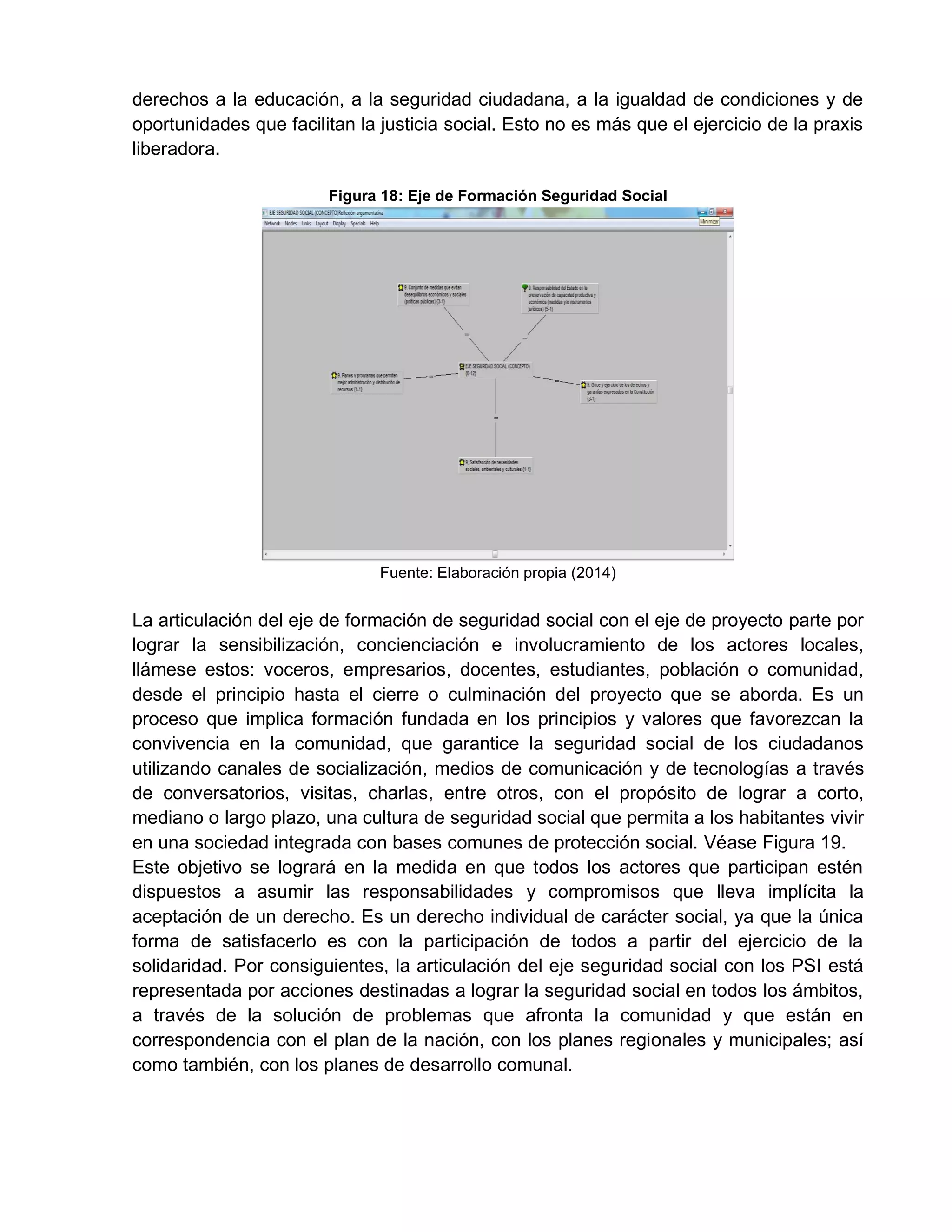 derechos a la educación, a la seguridad ciudadana, a la igualdad de condiciones y de
oportunidades que facilitan la justicia social. Esto no es más que el ejercicio de la praxis
liberadora.
Figura 18: Eje de Formación Seguridad Social
Fuente: Elaboración propia (2014)
La articulación del eje de formación de seguridad social con el eje de proyecto parte por
lograr la sensibilización, concienciación e involucramiento de los actores locales,
llámese estos: voceros, empresarios, docentes, estudiantes, población o comunidad,
desde el principio hasta el cierre o culminación del proyecto que se aborda. Es un
proceso que implica formación fundada en los principios y valores que favorezcan la
convivencia en la comunidad, que garantice la seguridad social de los ciudadanos
utilizando canales de socialización, medios de comunicación y de tecnologías a través
de conversatorios, visitas, charlas, entre otros, con el propósito de lograr a corto,
mediano o largo plazo, una cultura de seguridad social que permita a los habitantes vivir
en una sociedad integrada con bases comunes de protección social. Véase Figura 19.
Este objetivo se logrará en la medida en que todos los actores que participan estén
dispuestos a asumir las responsabilidades y compromisos que lleva implícita la
aceptación de un derecho. Es un derecho individual de carácter social, ya que la única
forma de satisfacerlo es con la participación de todos a partir del ejercicio de la
solidaridad. Por consiguientes, la articulación del eje seguridad social con los PSI está
representada por acciones destinadas a lograr la seguridad social en todos los ámbitos,
a través de la solución de problemas que afronta la comunidad y que están en
correspondencia con el plan de la nación, con los planes regionales y municipales; así
como también, con los planes de desarrollo comunal.
 
