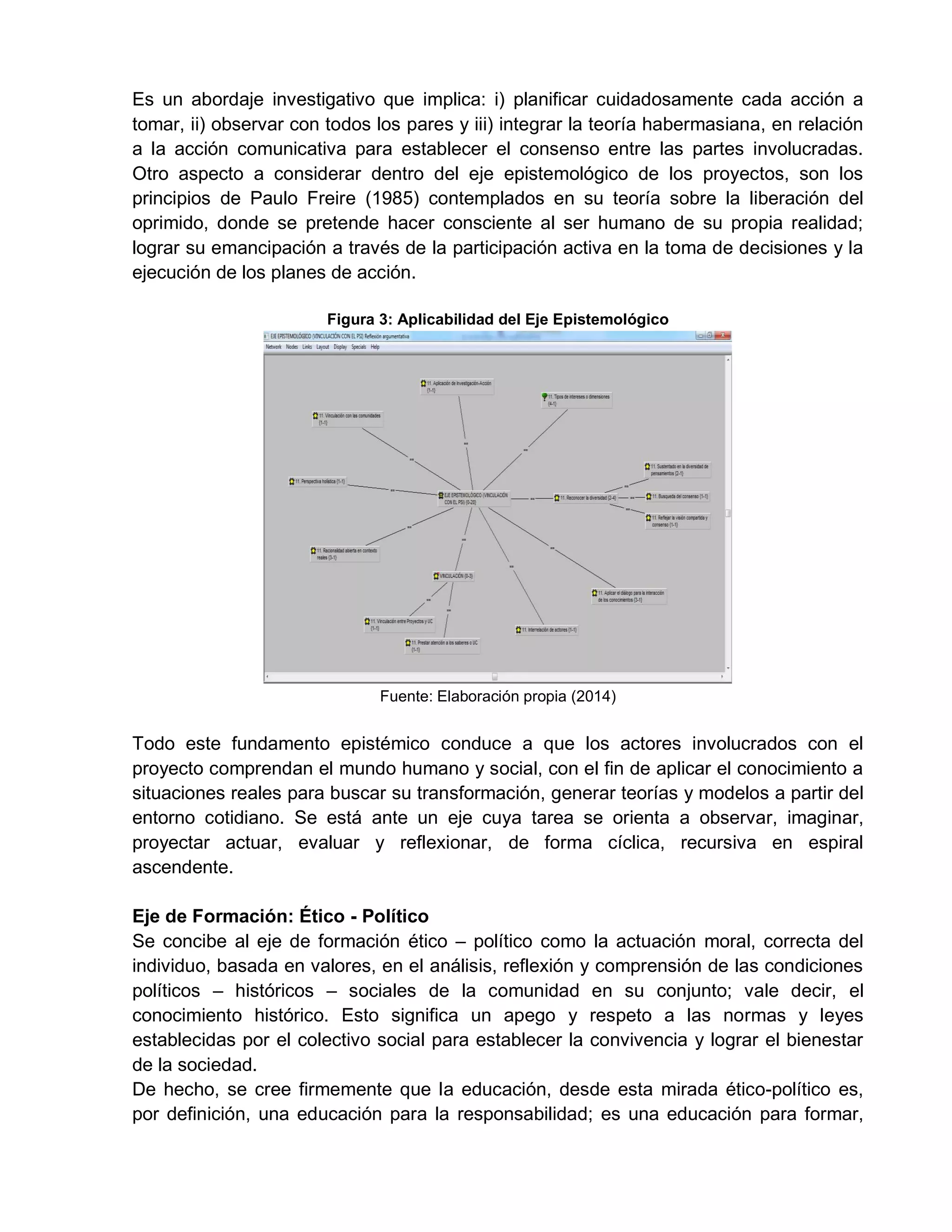 Es un abordaje investigativo que implica: i) planificar cuidadosamente cada acción a
tomar, ii) observar con todos los pares y iii) integrar la teoría habermasiana, en relación
a la acción comunicativa para establecer el consenso entre las partes involucradas.
Otro aspecto a considerar dentro del eje epistemológico de los proyectos, son los
principios de Paulo Freire (1985) contemplados en su teoría sobre la liberación del
oprimido, donde se pretende hacer consciente al ser humano de su propia realidad;
lograr su emancipación a través de la participación activa en la toma de decisiones y la
ejecución de los planes de acción.
Figura 3: Aplicabilidad del Eje Epistemológico
Fuente: Elaboración propia (2014)
Todo este fundamento epistémico conduce a que los actores involucrados con el
proyecto comprendan el mundo humano y social, con el fin de aplicar el conocimiento a
situaciones reales para buscar su transformación, generar teorías y modelos a partir del
entorno cotidiano. Se está ante un eje cuya tarea se orienta a observar, imaginar,
proyectar actuar, evaluar y reflexionar, de forma cíclica, recursiva en espiral
ascendente.
Eje de Formación: Ético - Político
Se concibe al eje de formación ético – político como la actuación moral, correcta del
individuo, basada en valores, en el análisis, reflexión y comprensión de las condiciones
políticos – históricos – sociales de la comunidad en su conjunto; vale decir, el
conocimiento histórico. Esto significa un apego y respeto a las normas y leyes
establecidas por el colectivo social para establecer la convivencia y lograr el bienestar
de la sociedad.
De hecho, se cree firmemente que la educación, desde esta mirada ético-político es,
por definición, una educación para la responsabilidad; es una educación para formar,
 