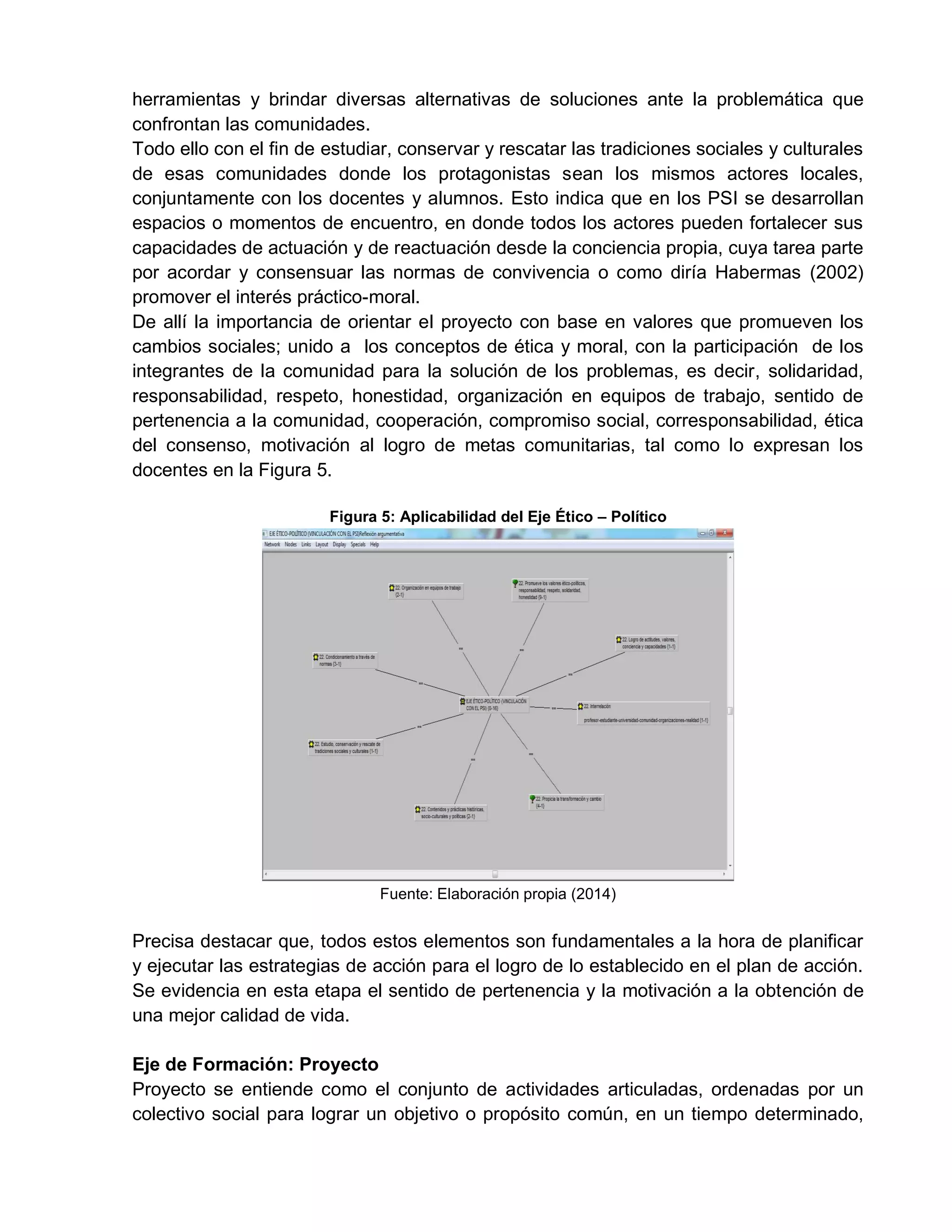 herramientas y brindar diversas alternativas de soluciones ante la problemática que
confrontan las comunidades.
Todo ello con el fin de estudiar, conservar y rescatar las tradiciones sociales y culturales
de esas comunidades donde los protagonistas sean los mismos actores locales,
conjuntamente con los docentes y alumnos. Esto indica que en los PSI se desarrollan
espacios o momentos de encuentro, en donde todos los actores pueden fortalecer sus
capacidades de actuación y de reactuación desde la conciencia propia, cuya tarea parte
por acordar y consensuar las normas de convivencia o como diría Habermas (2002)
promover el interés práctico-moral.
De allí la importancia de orientar el proyecto con base en valores que promueven los
cambios sociales; unido a los conceptos de ética y moral, con la participación de los
integrantes de la comunidad para la solución de los problemas, es decir, solidaridad,
responsabilidad, respeto, honestidad, organización en equipos de trabajo, sentido de
pertenencia a la comunidad, cooperación, compromiso social, corresponsabilidad, ética
del consenso, motivación al logro de metas comunitarias, tal como lo expresan los
docentes en la Figura 5.
Figura 5: Aplicabilidad del Eje Ético – Político
Fuente: Elaboración propia (2014)
Precisa destacar que, todos estos elementos son fundamentales a la hora de planificar
y ejecutar las estrategias de acción para el logro de lo establecido en el plan de acción.
Se evidencia en esta etapa el sentido de pertenencia y la motivación a la obtención de
una mejor calidad de vida.
Eje de Formación: Proyecto
Proyecto se entiende como el conjunto de actividades articuladas, ordenadas por un
colectivo social para lograr un objetivo o propósito común, en un tiempo determinado,
 