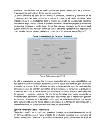 investigar, sino también con el medio circundante (instituciones públicas y privadas,
organizaciones, entre otras) donde esta se encuentra.
La tarea formativa de este eje se orienta a promover, incentivar y fomentar en la
comunidad acciones que conduzcan a cuidar y preservar el medio ambiente; esto
implica, educar a los ciudadanos para el manejo adecuado de sus recursos naturales
dándoles la mejor utilidad posible. Conviene, entonces, pensar los proyectos desde una
perspectiva ecológica y sustentable, donde los mismos miembros de la comunidad
puedan mantener una relación armónica con el ambiente y preservar sus espacios en
buen estado; de esta manera, podremos conservar el ecosistema. Véase Figura 13.
Figura 13: Aplicabilidad del Eje Socio – Ambiental
Fuente: Elaboración propia (2014)
De allí la importancia de que los proyectos sociointegradores estén respaldados, no
solo por el estudio de viabilidad económica, política, social; sino también, por un estudio
ambiental de la zona. Adicionalmente, es pertinente hoy en día fomentar dentro de las
comunidades que se abordan, campañas para el reciclado, el consumo y la producción
sostenible; así como, el desarrollo de procesos de arborización, limpieza y recuperación
de parques y espacios públicos. Es una tarea formativa que puede desarrollarse
mediante foros, seminarios, talleres, entre otras actividades, con la intención de generar
los cambios necesarios en la localidad; por lo tanto, se trata de actividades que forman
parte del proyecto, dentro de las acciones orientadas a la formación, concienciación y
fortalecimiento de las potencialidades naturales del espacio local.
Eje de Formación: Socio – Productivo
El eje de formación socio productivo se orienta hacia el fomento de la economía social
en correspondencia con el nuevo modelo de producción socialista que promueve el
Estado venezolano. Dentro de la educación universitaria, particularmente en los PNF, el
 
