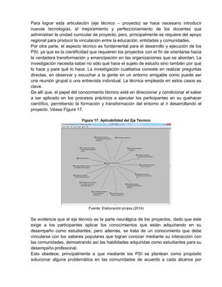 Para lograr esta articulación (eje técnico – proyecto) se hace necesario introducir
nuevas tecnologías, el mejoramiento y perfeccionamiento de los docentes que
administran la unidad curricular de proyecto; pero, principalmente se requiere del apoyo
regional para producir la vinculación entre la educación, entidades y comunidades.
Por otra parte, el aspecto técnico es fundamental para el desarrollo y ejecución de los
PSI, ya que es la cientificidad que requieren los proyectos con el fin de orientarse hacia
la verdadera transformación y emancipación en las organizaciones que se abordan. La
investigación necesita saber no sólo qué hace el sujeto de estudio sino también por qué
lo hace y para qué lo hace. La investigación cualitativa consiste en realizar preguntas
directas, en observar y escuchar a la gente en un entorno amigable como puede ser
una reunión grupal o una entrevista individual. La técnica empleada en estos casos es
clave.
De allí que, el papel del conocimiento técnico está en direccionar y condicionar el saber
a ser aplicado en los procesos prácticos a ejecutar los participantes en su quehacer
científico, permitiendo la formación y transformación del entorno al ir desarrollando el
proyecto. Véase Figura 17.
Figura 17: Aplicabilidad del Eje Técnico
Fuente: Elaboración propia (2014)
Se evidencia que el eje técnico es la parte neurálgica de los proyectos, dado que este
exige a los participantes aplicar los conocimientos que están adquiriendo en su
desempeño como estudiantes; pero además, se trata de un conocimiento que debe
vincularse con los saberes populares que logran conocer mediante su interacción con
las comunidades, demostrando así las habilidades adquiridas como estudiantes para su
desempeño profesional.
Esto obedece, principalmente a que mediante los PSI se plantean como propósito
solucionar alguna problemática en las comunidades de acuerdo a cada alcance por
 