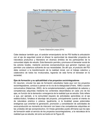Figura 19: Aplicabilidad del Eje Seguridad Social
Fuente: Elaboración propia (2014)
Cabe destacar también que, el carácter emancipatorio de los PSI facilita la articulación
con el eje de seguridad social al ofrecer la oportunidad de desarrollar proyectos de
naturaleza productiva y liberadora en diversos ámbitos de los participantes de la
comunidad objeto de estudio. Esta liberación permite y promueve el bienestar social de
los actores locales, mediante acciones socioproductivas que generen ingresos que
permitan una cobertura suficiente de sus necesidades. De allí que, el producto del PSI
debe conducir a la transformación de la realidad inicial, con el trabajo colectivo y
colaborativo de todos los involucrados, logrando de esta forma el bienestar en la
sociedad.
Ejes de formación y su aplicabilidad a los proyectos sociointegradores
En resumen, vincular los ejes de formación estudiados hasta aquí con los proyectos
sociointegradores, conduce a pensar en la vía de la dialogicidad (Freire, 1985) o acción
comunicativa (Habermas, 2002), de la complementariedad y aplicabilidad de saberes y
competencias adquiridas mediante los contenidos desarrollados en cada uno de los
ejes, en función de la demanda o emergencia de la realidad que se estudia. Esto refiere
a que, por ejemplo, si la comunidad requiere de actividades aprendidas en el eje
estético-lúdico, fortalece el abordaje del proyecto, principalmente cuando el interés es
de naturaleza práctica o práxica. Igualmente, si la localidad posee potenciales
endógenas que ameritan la generación, promoción y consolidación de actividades de
socio-producción es momento de intervenir con base a las competencias adquiridas en
las unidades del eje socioproductivo. En líneas generales puede afirmarse que los ejes
de formación están al servicio de los proyectos sociointegradores, a la naturaleza de la
realidad que se estudia, tal como se ilustra en la Figura 20.
 