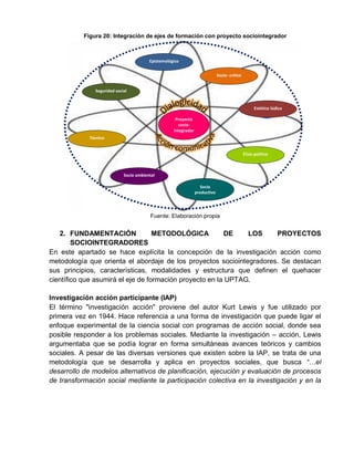 Figura 20: Integración de ejes de formación con proyecto sociointegrador
Fuente: Elaboración propia
2. FUNDAMENTACIÓN METODOLÓGICA DE LOS PROYECTOS
SOCIOINTEGRADORES
En este apartado se hace explícita la concepción de la investigación acción como
metodología que orienta el abordaje de los proyectos sociointegradores. Se destacan
sus principios, características, modalidades y estructura que definen el quehacer
científico que asumirá el eje de formación proyecto en la UPTAG.
Investigación acción participante (IAP)
El término "investigación acción" proviene del autor Kurt Lewis y fue utilizado por
primera vez en 1944. Hace referencia a una forma de investigación que puede ligar el
enfoque experimental de la ciencia social con programas de acción social, donde sea
posible responder a los problemas sociales. Mediante la investigación – acción, Lewis
argumentaba que se podía lograr en forma simultáneas avances teóricos y cambios
sociales. A pesar de las diversas versiones que existen sobre la IAP, se trata de una
metodología que se desarrolla y aplica en proyectos sociales, que busca “…el
desarrollo de modelos alternativos de planificación, ejecución y evaluación de procesos
de transformación social mediante la participación colectiva en la investigación y en la
Proyecto
socio-
integrador
Epistemológico
Socio- crítico
Seguridad social
Estético lúdico
Técnico
Ético político
Socio ambiental
Socio
productivo
 