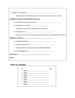 ÍNDICE DE CUADROS
3.2. Rigor de la investigación……………………………………………………………………………………
(Determinación de la validez interna y externa, indicado cómo y por qué se realiza)
MOMENTO 4. Ejecución de Actividades (proyectiva)
4.1. Planificación estratégica del proyecto …………………………………………………………………….
4.2. Actividades desarrolladas …………………………………………………….
(Indicando las herramientas aplicadas para su evaluación)
4.3. Empoderamiento……………………………………………………………………………………..
(Charla, curso, conferencias, entrega manual operativo, entre otras actividades formativas)
MOMENTO 5. Reflexión………………………………………………………………………………..
5.1. Hallazgos obtenidos …………………………………………………………………………….
5.2. Reflexión Argumentativa……………………………………………………………………….
(De forma técnica, social, económica, ambiental y política)
5.3. Recomendaciones……………………………………………………………………..
Referencias…………………………………………………………………………………..
Anexos
 