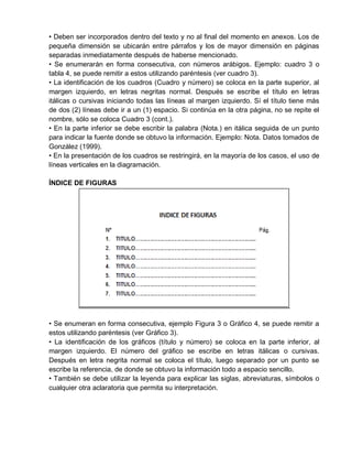 • Deben ser incorporados dentro del texto y no al final del momento en anexos. Los de
pequeña dimensión se ubicarán entre párrafos y los de mayor dimensión en páginas
separadas inmediatamente después de haberse mencionado.
• Se enumerarán en forma consecutiva, con números arábigos. Ejemplo: cuadro 3 o
tabla 4, se puede remitir a estos utilizando paréntesis (ver cuadro 3).
• La identificación de los cuadros (Cuadro y número) se coloca en la parte superior, al
margen izquierdo, en letras negritas normal. Después se escribe el título en letras
itálicas o cursivas iniciando todas las líneas al margen izquierdo. Sí el título tiene más
de dos (2) líneas debe ir a un (1) espacio. Si continúa en la otra página, no se repite el
nombre, sólo se coloca Cuadro 3 (cont.).
• En la parte inferior se debe escribir la palabra (Nota.) en itálica seguida de un punto
para indicar la fuente donde se obtuvo la información. Ejemplo: Nota. Datos tomados de
González (1999).
• En la presentación de los cuadros se restringirá, en la mayoría de los casos, el uso de
líneas verticales en la diagramación.
ÍNDICE DE FIGURAS
• Se enumeran en forma consecutiva, ejemplo Figura 3 o Gráfico 4, se puede remitir a
estos utilizando paréntesis (ver Gráfico 3).
• La identificación de los gráficos (título y número) se coloca en la parte inferior, al
margen izquierdo. El número del gráfico se escribe en letras itálicas o cursivas.
Después en letra negrita normal se coloca el título, luego separado por un punto se
escribe la referencia, de donde se obtuvo la información todo a espacio sencillo.
• También se debe utilizar la leyenda para explicar las siglas, abreviaturas, símbolos o
cualquier otra aclaratoria que permita su interpretación.
 