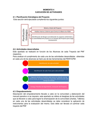 MOMENTO 4
EJECUCIÓN DE ACTIVIDADES
4.1. Planificación Estratégica del Proyecto
Esta sección será ejecutada cumpliendo los siguientes puntos:
4.2. Actividades desarrolladas
Este apartado se realizará en función de los Alcances de cada Trayecto del PNF
respectivo.
Para analizar el cumplimiento de cada una de las actividades desarrolladas obtenidas
en cada uno de los alcances se hará uso de las herramientas del PERT/CPM:
4.3. Empoderamiento
Descripción del empoderamiento llevado a cabo en la comunidad y elaboración del
manual operativo si se requiere: este apartado se refiere al desglose de las actividades
que se llevaran a cabo para lograr la emancipación de la comunidad (charlas, Talleres)
en cada una de las actividades desarrolladas se debe considerar la aplicación de
instrumentos para la evaluación del mismo. Esto debe ser llevado al culminar cada
trayecto del PNF
Identificación de cada actividad
Identificación de cada Tarea para cada actividad
Diagrama donde se muestra cada tarea y la relación con las
otras tareas, asi como el tiempo requerido, determinación del
tiempo de retraso
Entregar Planillas de Seguimiento, Evaluación del Proyecto
Planificación
Estrategica
Misión y Visión del Proyecto
Análisis Interno y Externo para Contruir la Matriz las FODA
Identificación de Riesgos (considerando los aspectos ambientales y
la sostenibilidad del proyecto en el tiempo) del Proyecto para luego
Jerarquizarlos
 