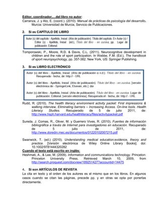 Editor, coordinador,…del libro no autor:
Carranza, J. y Ato, E. (coord.). (2010). Manual de prácticas de psicología del desarrollo.
Murcia: Universidad de Murcia, Servicio de Publicaciones.
2. Si es CAPÍTULO DE LIBRO
Tomporowski, P., Moore, R.D. & Davis, C.L. (2011). Neurocognitive development in
children and the role of sport participation. In Webbe, F.M. (Ed.), The handbook
of sport neuropsychology, pp. 357-382. New York, US: Springer Publishing.
3. Si es LIBRO ELECTRÓNICO
Rudd, R. (2010). The health literacy environment activity packet: First impressions &
walking interview. Eliminating barriers – Increasing Access. On-line tools. Health
Literacy Studies. Recuperado de 5 de julio 2011, de:
http://www.hsph.harvard.edu/healthliteracy/files/activitypacket.pdf
Sureda, J. Comas, R., Oliver, M. y Guerrero Vives, R. (2010). Fuentes de información
bibliográfica a través de Internet para investigadores en educación. Recuperado
de 5 julio de 2011, de:
http://www.doredin.mec.es/documentos/01220102007215.pdf
Swanwick, T. (ed.) (2010). Understanding medical education:evidence, theory and
practice. [Versión electrónica de Wiley Online Library Books]. doi:
10.1002/9781444320282
Cuando el texto está escrito en inglés:
Heshmati, A., & Lee, M. (2009). Information and communications technology. Princeton:
Princeton University Press. Retrieved March 10, 2009, from
http://search.proquest.com/docview/189251427?accountid=14475
4. Si son ARTÍCULOS DE REVISTA
La cita en texto y el orden de los autores es el mismo que en los libros. En algunos
casos cuando se citan las páginas, precede pp. y en otras se opta por ponerlas
directamente.
 