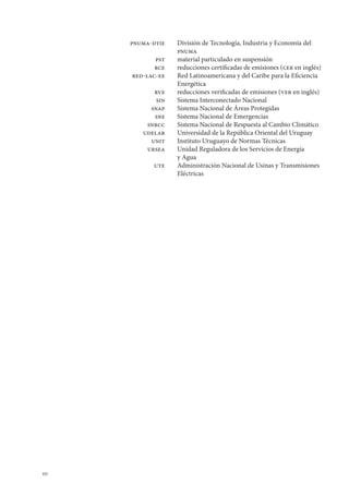 10
	pnuma-dtie	 División de Tecnología, Industria y Economía del 		
		 pnuma
	 pst	 material particulado en suspensión
	 rce 	 reducciones certificadas de emisiones (cer en inglés)
	 red-lac-ee	 Red Latinoamericana y del Caribe para la Eficiencia
		 Energética
	 rve 	 reducciones verificadas de emisiones (ver en inglés)
	 sin	 Sistema Interconectado Nacional
	 snap	 Sistema Nacional de Áreas Protegidas
	 sne	 Sistema Nacional de Emergencias
	 snrcc	 Sistema Nacional de Respuesta al Cambio Climático
	 udelar	 Universidad de la República Oriental del Uruguay
	 unit	 Instituto Uruguayo de Normas Técnicas
	 ursea	 Unidad Reguladora de los Servicios de Energía
		 y Agua
	 ute	 Administración Nacional de Usinas y Transmisiones
		 Eléctricas
 