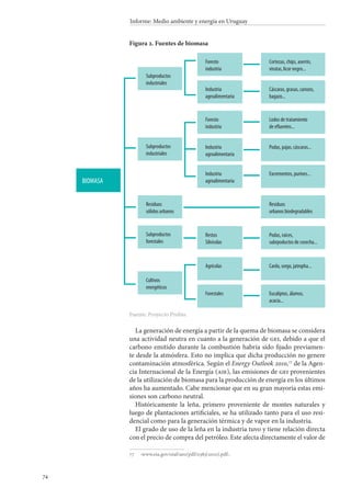 74
Informe: Medio ambiente y energía en Uruguay
Figura 2. Fuentes de biomasa
Fuente: Proyecto Probio.
La generación de energía a partir de la quema de biomasa se considera
una actividad neutra en cuanto a la generación de gei, debido a que el
carbono emitido durante la combustión habría sido fijado previamen-
te desde la atmósfera. Esto no implica que dicha producción no genere
contaminación atmosférica. Según el Energy Outlook 2010,77
de la Agen-
cia Internacional de la Energía (aie), las emisiones de gei provenientes
de la utilización de biomasa para la producción de energía en los últimos
años ha aumentado. Cabe mencionar que en su gran mayoría estas emi-
siones son carbono neutral.
Históricamente la leña, primero proveniente de montes naturales y
luego de plantaciones artificiales, se ha utilizado tanto para el uso resi-
dencial como para la generación térmica y de vapor en la industria.
El grado de uso de la leña en la industria tuvo y tiene relación directa
con el precio de compra del petróleo. Este afecta directamente el valor de
77		‹www.eia.gov/oiaf/aeo/pdf/0383(2010).pdf›.
BIOMASA
Subproductos
industriales
Foresto
industria
Industria
agroalimentaria
Foresto
industria
Industria
agroalimentaria
Industria
agroalimentaria
Cortezas, chips, aserrín,
virutas, licor negro...
Cáscaras, grasas, carozos,
bagazo...
Lodos de tratamiento
Podas, pajas, cáscaras...
Excrementos, purines...
Subproductos
industriales
Restos
Silvícolas
Podas, raíces,
subrpoductos de cosecha...
Subproductos
forestales
Residuos
sólidos urbanos
Residuos
urbanos biodegradables
Cultivos
energéticos
Agrícolas
Forestales
Cardo, sorgo, jatropha...
Eucaliptos, álamos,
acacia...
 