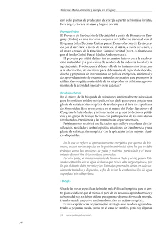 76
Informe: Medio ambiente y energía en Uruguay
con ocho plantas de producción de energía a partir de biomasa forestal,
licor negro, cáscara de arroz y bagazo de caña.
Proyecto Probio
El Proyecto de Producción de Electricidad a partir de Biomasa en Uru-
guay (Probio) es una iniciativa conjunta del Gobierno nacional con el
Programa de las Naciones Unidas para el Desarrollo (pnud). Es ejecuta-
do por el mvotma, a través de la dinama; el miem, a través de la dne, y
el mgap, a través de la Dirección General Forestal (dgf). Es financiado
por el Fondo Global Para el Medio Ambiente (gef).
El proyecto permitirá definir los escenarios futuros para la explota-
ción sustentable y a gran escala de residuos de la industria forestal y la
agroindustria. Probio apunta al desarrollo de los instrumentos de acceso
a la información, de incentivos para el desarrollo de capacidades locales,
diseño y propuesta de instrumentos de política energética, ambiental y
de aprovechamiento de recursos naturales necesarios para promover la
utilización energética sustentable de los subproductos de biomasa prove-
nientes de la actividad forestal y otras cadenas.78
Residuos urbanos
En el marco de la búsqueda de soluciones ambientalmente adecuadas
para los residuos sólidos en el país, se han dado pasos para instalar una
planta de valorización energética de residuos para el área metropolitana
de Montevideo. Esto se encuentra en el marco del Poder Ejecutivo y el
Congreso de Intendentes, y se han creado un grupo de decisores políti-
cos y un grupo de trabajo técnico con participación de los ministerios
involucrados, Presidencia y las intendencias departamentales.
Próximamente se abrirá una licitación que incluye una planta de cla-
sificación, reciclado y centro logístico, estaciones de transferencia y una
planta de valorización energética con la aplicación de las mejores técni-
cas disponibles.
En lo que se refiere al aprovechamiento energético por quema de bio-
masa, existen varios aspectos en la gestión ambiental sobre los que se debe
trabajar, como las emisiones de gases y material particulado y el trata-
miento-disposición de los residuos generados.
Por otra parte, el almacenamiento de biomasa (leña y otros) genera lixi-
viados extraíbles con el agua de lluvia que tienen alta carga orgánica, por
lo que el diseño debe preverlo y los lixiviados generados deben ser adecua-
damente tratados y dispuestos, a fin de evitar la contaminación de agua
superficial y/o subterránea.
Biogás
Una de las metas específicas definidas en la Política Energética para el cor-
to plazo establece que al menos el 30 % de los residuos agroindustriales y
urbanos del país se deben utilizar para generar diversas formas de energía,
transformando un pasivo medioambiental en un activo energético.
Existen experiencias de producción de biogás con residuos agroindus-
triales a pequeña escala, como en el caso de tambos, pero hay algunas
78		‹www.probio.gub.uy/cms/›.
·
 