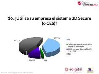 16. ¿Utiliza su empresa el sistema 3D Secure
(o CES)?

40,95%
45,71%

Sí
Sólo a partir de determinados
importes de compra
Utilizamos un sistema híbrido
SSL / CES
No

11,43%

III Informe medios de pago y fraude online en España

1,90%

 