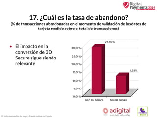 17. ¿Cuál es la tasa de abandono?
(% de transacciones abandonadas en el momento de validación de los datos de
tarjeta medido sobre el total de transacciones)

• El impacto en la
conversión de 3D
Secure sigue siendo
relevante

28,90%
30,00%
25,00%
20,00%
11,38%

15,00%
10,00%
5,00%
0,00%
Con 3D Secure

III Informe medios de pago y fraude online en España

Sin 3D Secure

 