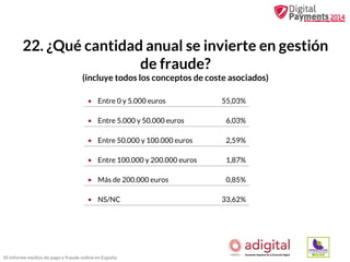 22. ¿Qué cantidad anual se invierte en gestión
de fraude?
(incluye todos los conceptos de coste asociados)
• Entre 0 y 5.000 euros

55,03%

• Entre 5.000 y 50.000 euros

6,03%

• Entre 50.000 y 100.000 euros

2,59%

• Entre 100.000 y 200.000 euros

1,87%

• Más de 200.000 euros

0,85%

• NS/NC

III Informe medios de pago y fraude online en España

33,62%

 