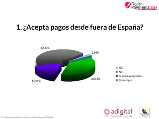 1. ¿Acepta pagos desde fuera de España?
42,37%
2,54%

16,95%

III Informe medios de pago y fraude online en España

38,14%

NC
No
Sí, con excepciones
Sí, siempre

 