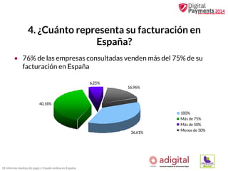 4. ¿Cuánto representa su facturación en
España?
• 76% de las empresas consultadas venden más del 75% de su
facturación en España
6,25%

16,96%

40,18%

36,61%

III Informe medios de pago y fraude online en España

100%
Más de 75%
Más de 50%
Menos de 50%

 