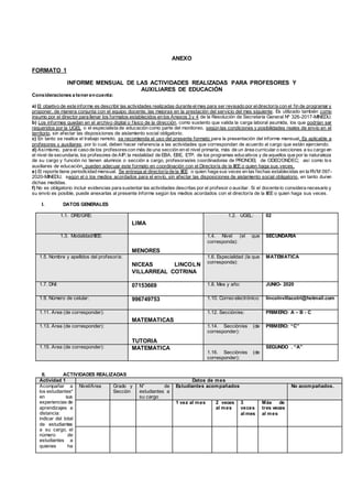 ANEXO
FORMATO 1
INFORME MENSUAL DE LAS ACTIVIDADES REALIZADAS PARA PROFESORES Y
AUXILIARES DE EDUCACIÓN
Consideraciones a tener encuenta:
a) El objetivo de este informe es describir las actividades realizadas durante elmes para ser revisado por eldirector/a con el fin de programar y
proponer, de manera conjunta con el equipo docente, las mejoras en la prestación del servicio del mes siguiente. Es utilizado también como
insumo por el director para llenar los formatos establecidos en los Anexos 3 y 4 de la Resolución de Secretaría General Nº 326-2017-MINEDU.
b) Los informes quedan en el archivo digital o físico de la dirección, como sustento que valida la carga laboral asumida, los que podrían ser
requeridos por la UGEL o el especialista de educación como parte del monitoreo, según las condiciones y posibilidades reales de envío en el
territorio, sin afectar las disposiciones de aislamiento social obligatorio.
c) En tanto se realice el trabajo remoto, se recomienda el uso del presente formato para la presentación del informe mensual. Es aplicable a
profesores y auxiliares; por lo cual, deben hacer referencia a las actividades que correspondan de acuerdo al cargo que están ejerciendo.
d) Asímismo, para el caso de los profesorescon más de una sección en el nivel primaria, más de un área curricular o secciones a su cargo en
el nivel de secundaria, los profesores de AIP, la modalidad de EBA, EBE, ETP, de los programas educativos y de aquellos que por la naturaleza
de su cargo y función no tienen alumnos o sección a cargo, profesoras/es coordinadoras de PRONOEI, de ODEC/ONDEC; así como los
auxiliares de educación, pueden adecuar este formato en coordinación con el Director/a de la IIEE o quien haga sus veces.
e) El reporte tiene periodicidad mensual. Se entrega al director/a de la IIEE o quien haga sus veces en las fechas establecidas en la RVM 097-
2020-MINEDU, según el o los medios acordados para el envío, sin afectar las disposiciones de aislamiento social obligatorio, en tanto duren
dichas medidas.
f) No es obligatorio incluir evidencias para sustentar las actividades descritas por el profesor o auxiliar. Si el docente lo considera necesario y
su envío es posible, puede anexarlas al presente informe según los medios acordados con el director/a de la IIEE o quien haga sus veces.
I. DATOS GENERALES
1.1. DRE/GRE:
LIMA
1.2. UGEL: 02
1.3. Modalidad/IIEE:
MENORES
1.4. Nivel (el que
corresponda):
SECUNDARIA
1.5. Nombre y apellidos del profesor/a:
NICEAS LINCOLN
VILLARREAL COTRINA
1.6. Especialidad (la que
corresponda):
MATEMATICA
1.7. DNI: 07153669 1.8. Mes y año: JUNIO- 2020
1.9. Número de celular: 996749753 1.10. Correo electrónico: lincolnvillacotri@hotmail.com
1.11. Área (de corresponder):
MATEMATICAS
1.12. Sección/es: PRIMERO: A – B - C
1.13. Área (de corresponder):
TUTORIA
1.14. Sección/es (de
corresponder):
PRIMERO: “C”
1.15. Área (de corresponder): MATEMATICA
1.16. Sección/es (de
corresponder):
SEGUNDO . “A”
II. ACTIVIDADES REALIZADAS
Actividad 1 Datos de mes
Acompañar a
los estudiantes*
en sus
experiencias de
aprendizajes a
distancia:
indicar del total
de estudiantes
a su cargo, el
número de
estudiantes a
quienes ha
Nivel/Área Grado y
Sección
N° de
estudiantes a
su cargo
Estudiantes acompañados No acompañados.
1 vez al mes 2 veces
al mes
3
veces
al mes
Más de
tres veces
al mes
 