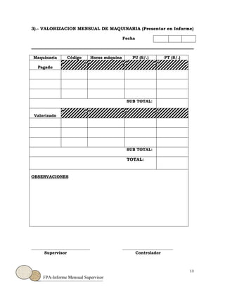 13
FPA-Informe Mensual Supervisor
3).- VALORIZACION MENSUAL DE MAQUINARIA (Presentar en Informe)
Fecha
Maquinaria Código Horas máquina PU (S/.) PT (S/.)
Pagado
SUB TOTAL:
Valorizado
SUB TOTAL:
TOTAL:
OBSERVACIONES
_____________________________ _________________________
Supervisor Controlador
 