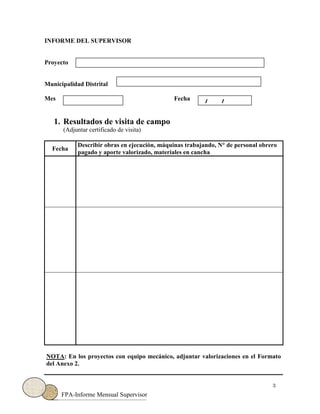3
FPA-Informe Mensual Supervisor
INFORME DEL SUPERVISOR
Proyecto
Municipalidad Distrital
Mes Fecha
1. Resultados de visita de campo
(Adjuntar certificado de visita)
Fecha
Describir obras en ejecución, máquinas trabajando, N° de personal obrero
pagado y aporte valorizado, materiales en cancha
NOTA: En los proyectos con equipo mecánico, adjuntar valorizaciones en el Formato
del Anexo 2.
/ /
 