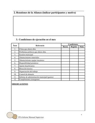 4
FPA-Informe Mensual Supervisor
2. Reuniones de la Alianza (indicar participantes y motivo)
3. Condiciones de ejecución en el mes
Ítem Referencia
Condiciones
Buena Regular Mala
1. Clima que afecte obra
2. Problemas políticos que afecte obra
3. Gestión municipal
4. Abastecimiento materiales
5. Abastecimiento equipo mecánico
6. Disponibilidad jornaleros
7. Aporte beneficiarios
8. Dirección técnica
9. Organización del trabajo
10. Control de almacén
11. Informe de administración municipal (gastos)
12. Cumplimiento cronograma
OBSERVACIONES
 