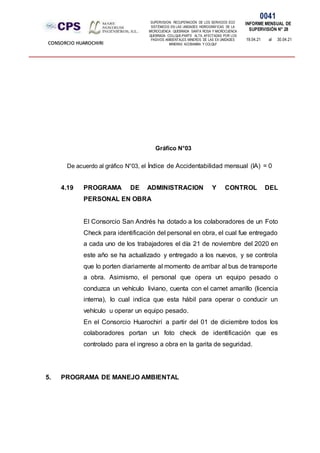 SUPERVISION: RECUPERACIÓN DE LOS SERVICIOS ECO
SISTÉMICOS EN LAS UNIDADES HIDROGRÁFICAS DE LA
MICROCUENCA QUEBRADA SANTA ROSA Y MICROCUENCA
QUEBRADA COLLQUE-PARTE ALTA, AFECTADAS POR LOS
PASIVOS AMBIENTALES MINEROS DE LAS EX UNIDADES
MINERAS ACOBAMBA Y COLQUI'
0041
INFORME MENSUAL DE
SUPERVISIÓN N° 28
19.04.21 al 30.04.21
CONSORCIO HUAROCHIRI
Gráfico N°03
De acuerdo al gráfico N°03, el Índice de Accidentabilidad mensual (IA) = 0
4.19 PROGRAMA DE ADMINISTRACION Y CONTROL DEL
PERSONAL EN OBRA
El Consorcio San Andrés ha dotado a los colaboradores de un Foto
Check para identificación del personal en obra, el cual fue entregado
a cada uno de los trabajadores el día 21 de noviembre del 2020 en
este año se ha actualizado y entregado a los nuevos, y se controla
que lo porten diariamente al momento de arribar al bus de transporte
a obra. Asimismo, el personal que opera un equipo pesado o
conduzca un vehículo liviano, cuenta con el carnet amarillo (licencia
interna), lo cual indica que esta hábil para operar o conducir un
vehículo u operar un equipo pesado.
En el Consorcio Huarochirí a partir del 01 de diciembre todos los
colaboradores portan un foto check de identificación que es
controlado para el ingreso a obra en la garita de seguridad.
5. PROGRAMA DE MANEJO AMBIENTAL
 