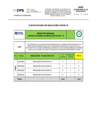 SUPERVISION: RECUPERACIÓN DE LOS SERVICIOS ECO
SISTÉMICOS EN LAS UNIDADES HIDROGRÁFICAS DE LA
MICROCUENCA QUEBRADA SANTA ROSA Y MICROCUENCA
QUEBRADA COLLQUE-PARTE ALTA, AFECTADAS POR LOS
PASIVOS AMBIENTALES MINEROS DE LAS EX UNIDADES
MINERAS ACOBAMBA Y COLQUI'
0049
INFORME MENSUAL DE
SUPERVISIÓN N°
01.11.20 al 30.11.20
CONSORCIO HUAROCHIRI
CAPACITACION DE INDUCCIÓN COVID-19
 