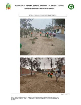 MUNICIPALIDAD DISTRITAL CORONEL GREGORIO ALBARRACIN LANCHIPA
UNIDAD DE SEGURIDAD Y SALUD EN EL TRABAJO
63 | P á g i n a
PLAN: “MANTENIMIENTO DE LA INFRAESTRUCTURA BÁSICA EN ÁREAS DE RECREACIÓN PASIVA Y ESPARCIMIENTO
DE AVENIDAS, PARQUE, PLAZA Y OVALOS DEL DISTRITO CORONEL GREGORIO ALBARRACIN LANCHIPA - TACNA -
TACNA”
POSEO Y RALEO EN AVENIDAS Y PARQUES
 