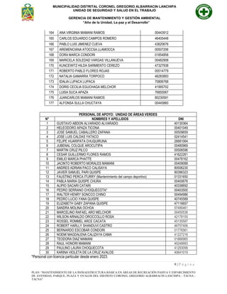 MUNICIPALIDAD DISTRITAL CORONEL GREGORIO ALBARRACIN LANCHIPA
UNIDAD DE SEGURIDAD Y SALUD EN EL TRABAJO
GERENCIA DE MANTENIMIENTO Y GESTIÓN AMBIENTAL
“Año de la Unidad, La paz y el Desarrollo”
9 | P á g i n a
PLAN: “MANTENIMIENTO DE LA INFRAESTRUCTURA BÁSICA EN ÁREAS DE RECREACIÓN PASIVA Y ESPARCIMIENTO
DE AVENIDAS, PARQUE, PLAZA Y OVALOS DEL DISTRITO CORONEL GREGORIO ALBARRACIN LANCHIPA - TACNA -
TACNA”
164 ANA VIRGINIA MAMANI RAMOS 00443912
165 CARLOS EDUARDO CAMPOS ROMERO 46405448
166 PABLO LUIS JIMENEZ CUEVA 43620676
167 AREMENCIANA ATOCCSA LLAMOCCA 00507206
168 DORA MARCA CONDORI 01854858
169 MARICELA SOLEDAD VARGAS VILLANUEVA 00482908
170 KUNCEWITZ HILDA SARMIENTO CEREZO 47327938
171 ROBERTO PABLO FLORES ROJAS 00514779
172 NATALIA GAMARRA TORPOCO 46283893
173 IDALIA LUPACA LUPACA 70806768
174 DORIS CECILIA EGUCHAGA MELCHOR 41995702
175 LUISA SUCA APAZA 76855067
176 JUANCARLOS MAMANI RAMOS 80230591
177 ALFONSA SULLA CHUCTAYA 00445860
PERSONAL DE APOYO: UNIDAD DE ÁREAS VERDES
N° NOMBRES Y APELLIDOS DNI
1 GUSTAVO ABDON ALVARADO ALVARADO 40130364
2 HELEODORO APAZA TICONA 00401049
3 JOSE SAMUEL CABALLERO ZAPANA 00509659
4 JOSE LUIS CALDAS YATACO 02414541
5 FELIPE HUARIPATA CHUQUIRUNA 26681064
6 JUBENAL COLQUE AROCUTIPA 00480969
7 MARTIN CRUZ PILCO 00506596
8 CESAR GUILLERMO FLORES RAMOS 41622261
9 EMILIO MARCA PHATTE 00478162
10 JACINTO ROBERTO MORALES MAMANI 00409088
11 ANDRES ADRIAN PACO CALISAYA 80506230
12 JAVIER SAMUEL PARI QUISPE 80396323
13 FAUSTINO PERCA ITURRY (Mantenimiento del campo deportivo) 01331650
14 PABLA MARIA QUISPE CHURA 00400676
15 ALIPIO SACARI CATARI 40338692
16 PEDRO SERRANO CHOQUECOTA* 00403500
17 WALTER HENRY SONCCO CHINO 00494986
18 PEDRO LUCIO YANA QUISPE 40745589
19 ELIZABETH GABY ZAPANA QUISPE 47116657
20 SANDRA MOLINA OCHOA 07490461
21 MARCELINO RAFAEL ARO MELCHOR 00450536
22 WILSON ARNALDO OROCCOLLO ROSA 42178155
23 ROSSEL ROMMEL ARCE CACATA 45135597
24 ROBERT HARLLY SHANDUVI CASTRO 46707406
25 BERNARDO ESCOBAR CONDORI 01776561
26 NOEMI MAGDALENA CALIZAYA CAMA 41227216
27 TEODORA DIAZ MAMANI 01866965
28 RAUL HONORI MAMANI 40248993
29 PAULINO LAURA CHOQUECOTA 41293099
30 KARINA VIOLETA DE LA CRUZ AVALOS 40641019
*Personal con licencia particular desde enero 2023.
 