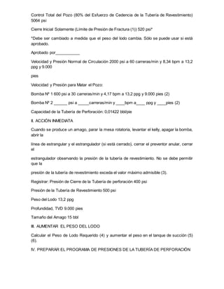 Control Total del Pozo (80% del Esfuerzo de Cedencia de la Tubería de Revestimiento)
5064 psi
Cierre Inicial Solamente (Límite de Presión de Fractura (1)) 520 psi*
*Debe ser cambiado a medida que el peso del lodo cambia. Sólo se puede usar si está
aprobado.
Aprobado por___________
Velocidad y Presión Normal de Circulación 2000 psi a 60 carreras/min y 8,34 bpm a 13,2
ppg y 9.000
pies
Velocidad y Presión para Matar el Pozo:
Bomba Nº 1 600 psi a 30 carreras/min y 4,17 bpm a 13,2 ppg y 9.000 pies (2)
Bomba Nº 2 ______ psi a _____carreras/min y ____bpm a____ ppg y ____pies (2)
Capacidad de la Tubería de Perforación: 0,01422 bbl/pie
II. ACCIÓN INMEDIATA
Cuando se produce un amago, parar la mesa rotatoria, levantar el kelly, apagar la bomba,
abrir la
línea de estrangular y el estrangulador (si está cerrado), cerrar el preventor anular, cerrar
el
estrangulador observando la presión de la tubería de revestimiento. No se debe permitir
que la
presión de la tubería de revestimiento exceda el valor máximo admisible (3).
Registrar: Presión de Cierre de la Tubería de perforación 400 psi
Presión de la Tubería de Revestimiento 500 psi
Peso del Lodo 13,2 ppg
Profundidad, TVD 9.000 pies
Tamaño del Amago 15 bbl
III. AUMENTAR EL PESO DEL LODO
Calcular el Peso de Lodo Requerido (4) y aumentar el peso en el tanque de succión (5)
(6).
IV. PREPARAR EL PROGRAMA DE PRESIONES DE LA TUBERÍA DE PERFORACIÓN
 