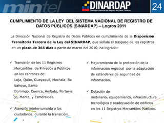 24
CUMPLIMIENTO DE LA LEY DEL SISTEMA NACIONAL DE REGISTRO DE
          DATOS PÚBLICOS (SINARDAP) – Logros 2011

La Dirección Nacional de Registro de Datos Públicos en cumplimiento de la Disposición
 Transitoria Tercera de la Ley del SINARDAP, que señala el traspaso de los registros
 en un plazo de 365 días a partir de marzo del 2010, ha logrado:



 Transición de los 11 Registros              Mejoramiento de la protección de la
  Mercantiles de Privados a Públicos           información registral por la adaptación
  en los cantones de:                          de estándares de seguridad de
  Loja, Quito, Guayaquil, Machala, Ba          información.
  bahoyo, Santo
  Domingo, Cuenca, Ambato, Portovie           Dotación de
  jo, Manta, y Esmeraldas.                     mobiliario, equipamiento, infraestructura
                                               tecnológica y readecuación de edificios
 Atención ininterrumpida a los                en los 11 Registros Mercantiles Públicos.
  ciudadanos, durante la transición.
 