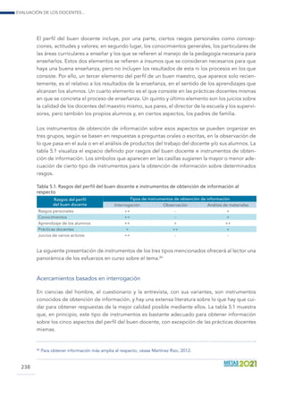 Evaluación de los docentes...
238
El perfil del buen docente incluye, por una parte, ciertos rasgos personales como concep-
ciones, actitudes y valores; en segundo lugar, los conocimientos generales, los particulares de
las áreas curriculares a enseñar y los que se refieren al manejo de la pedagogía necesaria para
enseñarlos. Estos dos elementos se refieren a insumos que se consideran necesarios para que
haya una buena enseñanza, pero no incluyen los resultados de esta ni los procesos en los que
consiste. Por ello, un tercer elemento del perfil de un buen maestro, que aparece solo recien-
temente, es el relativo a los resultados de la enseñanza, en el sentido de los aprendizajes que
alcanzan los alumnos. Un cuarto elemento es el que consiste en las prácticas docentes mismas
en que se concreta el proceso de enseñanza. Un quinto y último elemento son los juicios sobre
la calidad de los docentes del maestro mismo, sus pares, el director de la escuela y los supervi-
sores, pero también los propios alumnos y, en ciertos aspectos, los padres de familia.
Los instrumentos de obtención de información sobre esos aspectos se pueden organizar en
tres grupos, según se basen en respuestas a preguntas orales o escritas, en la observación de
lo que pasa en el aula o en el análisis de productos del trabajo del docente y/o sus alumnos. La
tabla 5.1 visualiza el espacio definido por rasgos del buen docente e instrumentos de obten-
ción de información. Los símbolos que aparecen en las casillas sugieren la mayor o menor ade-
cuación de cierto tipo de instrumentos para la obtención de información sobre determinados
rasgos.
Tabla 5.1. Rasgos del perfil del buen docente e instrumentos de obtención de información al
respecto
Rasgos del perfil
del buen docente
Tipos de instrumentos de obtención de información
Interrogación Observación Análisis de materiales
Rasgos personales ++ - +
Conocimientos ++ - +
Aprendizaje de los alumnos ++ + ++
Prácticas docentes + ++ +
Juicios de varios actores ++ - -
La siguiente presentación de instrumentos de los tres tipos mencionados ofrecerá al lector una
panorámica de los esfuerzos en curso sobre el tema.80
Acercamientos basados en interrogación
En ciencias del hombre, el cuestionario y la entrevista, con sus variantes, son instrumentos
conocidos de obtención de información, y hay una extensa literatura sobre lo que hay que cui-
dar para obtener respuestas de la mejor calidad posible mediante ellos. La tabla 5.1 muestra
que, en principio, este tipo de instrumentos es bastante adecuado para obtener información
sobre los cinco aspectos del perfil del buen docente, con excepción de las prácticas docentes
mismas.
80	
Para obtener información más amplia al respecto, véase Martínez Rizo, 2012.
 