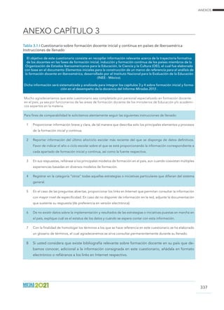 ANEXOS
ANEXO CAPÍTULO 3
337
El objetivo de este cuestionario consiste en recopilar información relevante acerca de la trayectoria formativa
de los docentes en las fases de formación inicial, inducción y formación continua de los países miembros de la
Organización de Estados Iberoamericanos para la Educación, la Ciencia y la Cultura (OEI), el cual fue elaborado
con base en el documento Elementos iniciales para la construcción de un marco de referencia para el análisis de
la formación docente en Iberoamérica, desarrollado por el Instituto Nacional para la Evaluación de la Educación
(INEE - México).
Dicha información será sistematizada y analizada para integrar los capítulos 3 y 4 sobre formación inicial y forma-
ción en el desempeño de la docencia del Informe Miradas 2013 .
Mucho agradeceríamos que este cuestionario sea completado por personal especializado en formación docente
en el país, ya sea por funcionarios de las áreas de formación docente de los ministerios de Educación y/o académi-
cos expertos en la materia.
Para fines de comparabilidad le solicitamos atentamente seguir las siguientes instrucciones de llenado:
1 Proporcionar información breve y clara, de tal manera que describa solo los principales elementos y procesos
de la formación inicial y continua.
2 Reportar información del último año/ciclo escolar más reciente del que se disponga de datos definitivos.
Favor de indicar el año o ciclo escolar sobre el que se está proporcionando la información correspondiente a
cada apartado de formación inicial y continua, así como la fuente respectiva.
3 En sus respuestas, refiérase a los principales modelos de formación en el país, aun cuando coexistan múltiples
experiencias basadas en diversos modelos de formación.
4 Registrar en la categoría “otros” todas aquellas estrategias o iniciativas particulares que difieran del sistema
general.
5 En el caso de las preguntas abiertas, proporcionar los links en Internet que permitan consultar la información
con mayor nivel de especificidad. En caso de no disponer de información en la red, adjunte la documentación
que sustente su respuesta (de preferencia en versión electrónica).
6 De no existir datos sobre la implementación y resultados de las estrategias o iniciativas puestas en marcha en
el país, explique cuál es el estatus de los datos y cuándo se espera contar con esta información.
7 Con la finalidad de homologar los términos a los que se hace referencia en este cuestionario se ha elaborado
un glosario de términos, el cual agradeceremos se sirva consultar permanentemente durante su llenado.
8 Si usted considera que existe bibliografía relevante sobre formación docente en su país que de-
bamos conocer, adicional a la información consignada en este cuestionario, añádala en formato
electrónico o refiéranos a los links en Internet respectivo.
Tabla 3.1.I Cuestionario sobre formación docente inicial y continua en países de Iberoamérica
Instrucciones de llenado
 