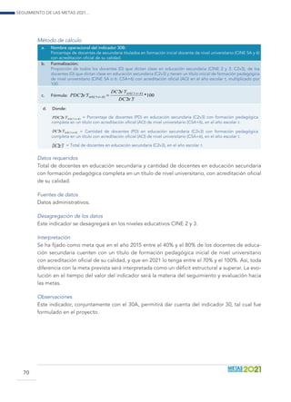 Seguimiento de las Metas 2021...
70
Método de cálculo
a.	 Nombre operacional del indicador 30B:
Porcentaje de docentes de secundaria titulados en formación inicial docente de nivel universitario (CINE 5A y 6)
con acreditación oficial de su calidad.
b.	Formalización:
Proporción de todos los docentes (D) que dictan clase en educación secundaria (CINE 2 y 3: C2v3), de los
docentes (D) que dictan clase en educación secundaria (C2v3) y tienen un título inicial de formación pedagógica
de nivel universitario (CINE 5A o 6: C5A+6) con acreditación oficial (AO) en el año escolar t, multiplicado por
100.
c.	Fórmula:
d.	Donde:
( )
t
BACAOPDC +532ν = Porcentaje de docentes (PD) en educación secundaria (C2v3) con formación pedagógica
completa en un título con acreditación oficial (AO) de nivel universitario (C5A+6), en el año escolar t.
( )
t
BACAODC +532ν = Cantidad de docentes (PD) en educación secundaria (C2v3) con formación pedagógica
completa en un título con acreditación oficial (AO) de nivel universitario (C5A+6), en el año escolar t.
t
DC 32ν = Total de docentes en educación secundaria (C2v3), en el año escolar t.
Datos requeridos
Total de docentes en educación secundaria y cantidad de docentes en educación secundaria
con formación pedagógica completa en un título de nivel universitario, con acreditación oficial
de su calidad.
Fuentes de datos
Datos administrativos.
Desagregación de los datos
Este indicador se desagregará en los niveles educativos CINE 2 y 3.
Interpretación
Se ha fijado como meta que en el año 2015 entre el 40% y el 80% de los docentes de educa-
ción secundaria cuenten con un título de formación pedagógica inicial de nivel universitario
con acreditación oficial de su calidad, y que en 2021 lo tenga entre el 70% y el 100%. Así, toda
diferencia con la meta prevista será interpretada como un déficit estructural a superar. La evo-
lución en el tiempo del valor del indicador será la materia del seguimiento y evaluación hacia
las metas.
Observaciones
Este indicador, conjuntamente con el 30A, permitirá dar cuenta del indicador 30, tal cual fue
formulado en el proyecto.
( )
( )
100*
32
32
32 5
5 t
t
BACAOt
BACAO
DC
DC
PDC
ν
ν
ν +
+ =
 