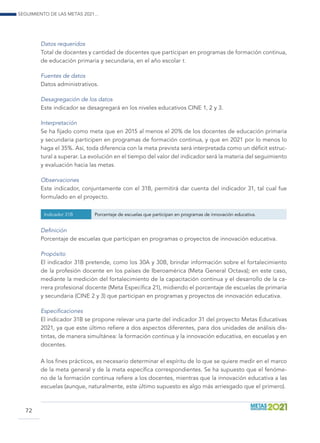 Seguimiento de las Metas 2021...
72
Datos requeridos
Total de docentes y cantidad de docentes que participan en programas de formación continua,
de educación primaria y secundaria, en el año escolar t.
Fuentes de datos
Datos administrativos.
Desagregación de los datos
Este indicador se desagregará en los niveles educativos CINE 1, 2 y 3.
Interpretación
Se ha fijado como meta que en 2015 al menos el 20% de los docentes de educación primaria
y secundaria participen en programas de formación continua, y que en 2021 por lo menos lo
haga el 35%. Así, toda diferencia con la meta prevista será interpretada como un déficit estruc-
tural a superar. La evolución en el tiempo del valor del indicador será la materia del seguimiento
y evaluación hacia las metas.
Observaciones
Este indicador, conjuntamente con el 31B, permitirá dar cuenta del indicador 31, tal cual fue
formulado en el proyecto.
Indicador 31B Porcentaje de escuelas que participan en programas de innovación educativa.
Definición
Porcentaje de escuelas que participan en programas o proyectos de innovación educativa.
Propósito
El indicador 31B pretende, como los 30A y 30B, brindar información sobre el fortalecimiento
de la profesión docente en los países de Iberoamérica (Meta General Octava); en este caso,
mediante la medición del fortalecimiento de la capacitación continua y el desarrollo de la ca-
rrera profesional docente (Meta Específica 21), midiendo el porcentaje de escuelas de primaria
y secundaria (CINE 2 y 3) que participan en programas y proyectos de innovación educativa.
Especificaciones
El indicador 31B se propone relevar una parte del indicador 31 del proyecto Metas Educativas
2021, ya que este último refiere a dos aspectos diferentes, para dos unidades de análisis dis-
tintas, de manera simultánea: la formación continua y la innovación educativa, en escuelas y en
docentes.
A los fines prácticos, es necesario determinar el espíritu de lo que se quiere medir en el marco
de la meta general y de la meta específica correspondientes. Se ha supuesto que el fenóme-
no de la formación continua refiere a los docentes, mientras que la innovación educativa a las
escuelas (aunque, naturalmente, este último supuesto es algo más arriesgado que el primero).
 