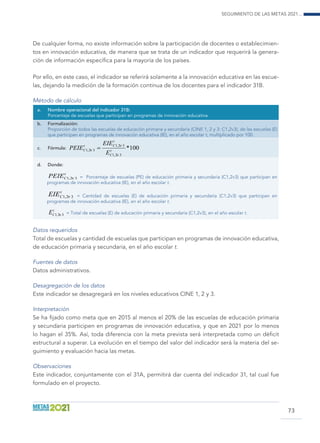 Seguimiento de las Metas 2021...
73
De cualquier forma, no existe información sobre la participación de docentes o establecimien-
tos en innovación educativa, de manera que se trata de un indicador que requerirá la genera-
ción de información específica para la mayoría de los países.
Por ello, en este caso, el indicador se referirá solamente a la innovación educativa en las escue-
las, dejando la medición de la formación continua de los docentes para el indicador 31B.
Método de cálculo
a.	 Nombre operacional del indicador 31B:
Porcentaje de escuelas que participan en programas de innovación educativa.
b.	Formalización:
Proporción de todos las escuelas de educación primaria y secundaria (CINE 1, 2 y 3: C1,2v3), de las escuelas (E)
que participan en programas de innovación educativa (IE), en el año escolar t, multiplicado por 100.
c.	Fórmula:
d.	Donde:
t
CPEIE 32,1 ν = Porcentaje de escuelas (PE) de educación primaria y secundaria (C1,2v3) que participan en
programas de innovación educativa (IE), en el año escolar t.
t
CEIE 32,1 ν = Cantidad de escuelas (E) de educación primaria y secundaria (C1,2v3) que participan en
programas de innovación educativa (IE), en el año escolar t.
t
CE 32,1 ν = Total de escuelas (E) de educación primaria y secundaria (C1,2v3), en el año escolar t.
Datos requeridos
Total de escuelas y cantidad de escuelas que participan en programas de innovación educativa,
de educación primaria y secundaria, en el año escolar t.
Fuentes de datos
Datos administrativos.
Desagregación de los datos
Este indicador se desagregará en los niveles educativos CINE 1, 2 y 3.
Interpretación
Se ha fijado como meta que en 2015 al menos el 20% de las escuelas de educación primaria
y secundaria participen en programas de innovación educativa, y que en 2021 por lo menos
lo hagan el 35%. Así, toda diferencia con la meta prevista será interpretada como un déficit
estructural a superar. La evolución en el tiempo del valor del indicador será la materia del se-
guimiento y evaluación hacia las metas.
Observaciones
Este indicador, conjuntamente con el 31A, permitirá dar cuenta del indicador 31, tal cual fue
formulado en el proyecto.
100*
32,1
32,1
32,1 t
C
t
Ct
C
E
EIE
PEIE
ν
ν
ν =
 