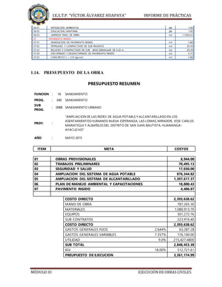 I.E.S.T.P. “VÍCTOR ÁLVAREZ HUAPAYA” INFORME DE PRÁCTICAS
MÓDULO III EJECUCIÓNDE OBRAS CIVILES
06.01 MITIGACION AMBIENTAL glb 1.00
06.02 EDUCACION SANITARIA glb 1.00
06.03 LIMPIEZA FINAL DE OBRA m2 11,945.63
07 PAVIMENTO RIGIDO
07.01 DEMOLICION DE PAVIMENTO RIGIDO m3 5.88
07.02 PERFILADO Y COMPACTADO DE SUB-RASANTE m2 29.39
07.03 RELLENO Y COMPACTADO DE SUB - BASE GRANULAR DE 0.20 m m2 29.39
07.04 ENCOFRADO Y DESENCOFRADO DE PAVIMENTO RIGIDO m2 0.72
07.05 CONCRETO f´c = 210 kg/cm2 m3 5.88
1.14. PRESUPUESTO DE LA OBRA
PRESUPUESTO RESUMEN
FUNCION : 18 SANEAMIENTO
PROG. : 040 SANEAMIENTO
SUB
PROG.
: 0088 SANEAMIENTO URBANO
PROY. :
"AMPLIACION DE LAS REDES DE AGUA POTABLE Y ALCANTARILLADO EN LOS
ASENTAMIENTOSHUMANOS NUEVA ESPERANZA, LAS LOMAS, MIRADOR, JOSE CARLOS
MARIATEGUI Y ALBAÑILESDEL DISTRITO DE SAN JUAN BAUTISTA, HUAMANGA-
AYACUCHO"
AÑO : MAYO 2015
ITEM META COSTOS
01 OBRAS PROVISIONALES 8,944.00
02 TRABAJOS PRELIMINARES 70,495.13
03 SEGURIDAD Y SALUD 17,030.00
04 AMPLIACION DEL SISTEMA DE AGUA POTABLE 876,344.82
05 AMPLIACION DEL SISTEMA DE ALCANTARILLADO 1,397,617.37
06 PLAN DE MANEJO AMBIENTAL Y CAPACITACIONES 18,800.43
07 PAVIMENTO RIGIDO 4,406.87
COSTO DIRECTO 2,393,638.62
MANO DE OBRA 787,265.30
MATERIALES 1,080,913.70
EQUIPOS 301,272.76
SUB CONTRATOS 223,916.40
COSTO DIRECTO 2,393,638.62
GASTOS GENERALES FIJOS 2.644% 63,287.28
GASTOS GENERALES VARIABLES 7.357% 176,100.00
UTILIDAD 9.0% 215,427.4800
SUB TOTAL 2,848,453.38
IGV 18.00% 512,721.61
PREUPUESTO DE EJECUCION 3,361,174.99
 