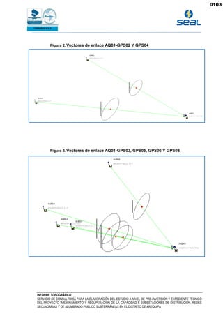 INFORME TOPOGRÁFICO
SERVICIO DE CONSULTORÍA PARA LA ELABORACIÓN DEL ESTUDIO A NIVEL DE PRE-INVERSIÓN Y EXPEDIENTE TÉCNICO
DEL PROYECTO "MEJORAMIENTO Y RECUPERACIÓN DE LA CAPACIDAD E SUBESTACIONES DE DISTRIBUCIÓN, REDES
SECUNDARIAS Y DE ALUMBRADO PUBLICO SUBTERRÁNEAS EN EL DISTRITO DE AREQUIPA
Figura 2. Vectores de enlace AQ01-GPS02 Y GPS04
Figura 3. Vectores de enlace AQ01-GPS03, GPS05, GPS06 Y GPS08
0103
 