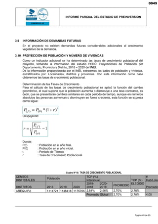 INFORME PARCIAL DEL ESTUDIO DE PREINVERSION
Página 49 de 65
3.9 INFORMACIÓN DE DEMANDAS FUTURAS
En el proyecto no existen demandas futuras considerables adicionales al crecimiento
vegetativo de la demanda.
3.10 PROYECCIÓN DE POBLACIÓN Y NÚMERO DE VIVIENDAS
Como un indicador adicional se ha determinado las tasas de crecimiento poblacional del
proyecto, tomando la información del estudio PERÚ: Proyecciones de Población por
Departamento, Provincia y Distrito, 2018 – 2020 del INEI.
De la información proporcionada por el INEI, extraemos los datos de población y vivienda,
estratificados por: Localidades, distritos y provincias. Con esta información como base
obtenemos las tasas de crecimiento poblacional.
Determinación de las Tasas de Crecimiento
Para el cálculo de las tasas de crecimiento poblacional se aplicó la función del cambio
geométrico, el cual supone que la población aumenta o disminuye a una tasa constante, es
decir, que se presentaran cambios similares en cada periodo de tiempo, aunque en números
absolutos las personas aumentan o disminuyen en forma creciente, esta función se expresa
como sigue:
t
f r
P
P )
1
(
*
)
0
(
)
( +
=
Despejando:
1
)
(
)
(
−
= t
o
f
P
P
r
Donde:
P(f) : Población en el año final.
P(0) : Población en el año inicial.
t : Periodo de Tiempo
r : Tasa de Crecimiento Poblacional.
Cuadro Nº 18: TASA DE CRECIMIENTO POBLACIONAL
CENSOS
DISTRITALES
Población
TCP (%)
Interanual TCP (%)
ELEGIDO
#
Hab/Lote
DISTRITOS 2018 2019 2020
2019-
2018
2020-
2019
PROMEDIO
Promedio
AREQUIPA 1114721 1146418 1175765 2,84% 2,56% 2,70% 2,70%
Promedio Global 2,70% 2,70% 4,00
0049
 
