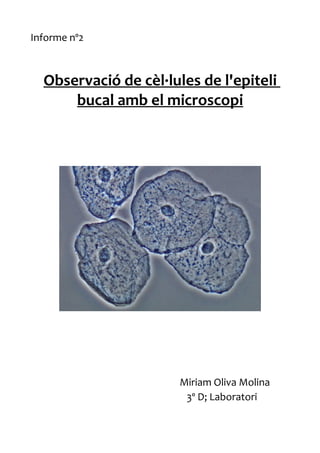 Informe nº2



  Observació de cèl·lules de l'epiteli
      bucal amb el microscopi




                       Miriam Oliva Molina
                        3º D; Laboratori
 