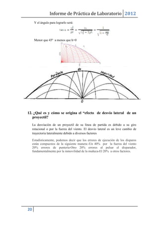 Informe de Práctica de Laboratorio 2012
      Y el ángulo para lograrlo será:




      Menor que 45º a menos que h=0




12. ¿Qué es y cómo se origina el “efecto de desvío lateral de un
   proyectil?
     La desviación de un proyectil de su línea de partida es debido a su giro
     rotacional o por la fuerza del viento. El desvío lateral es un leve cambio de
     trayectoria lateralmente debido a diversos factores

     Estadísticamente, podemos decir que los errores de ejecución de los disparos
     están compuestos de la siguiente manera:-Un 40% por la fuerza del viento
     20% errores de puntería-Otro 20% errores al pulsar el disparador,
     fundamentalmente por la inmovilidad de la muñeca-El 20% a otros factores.




20
 